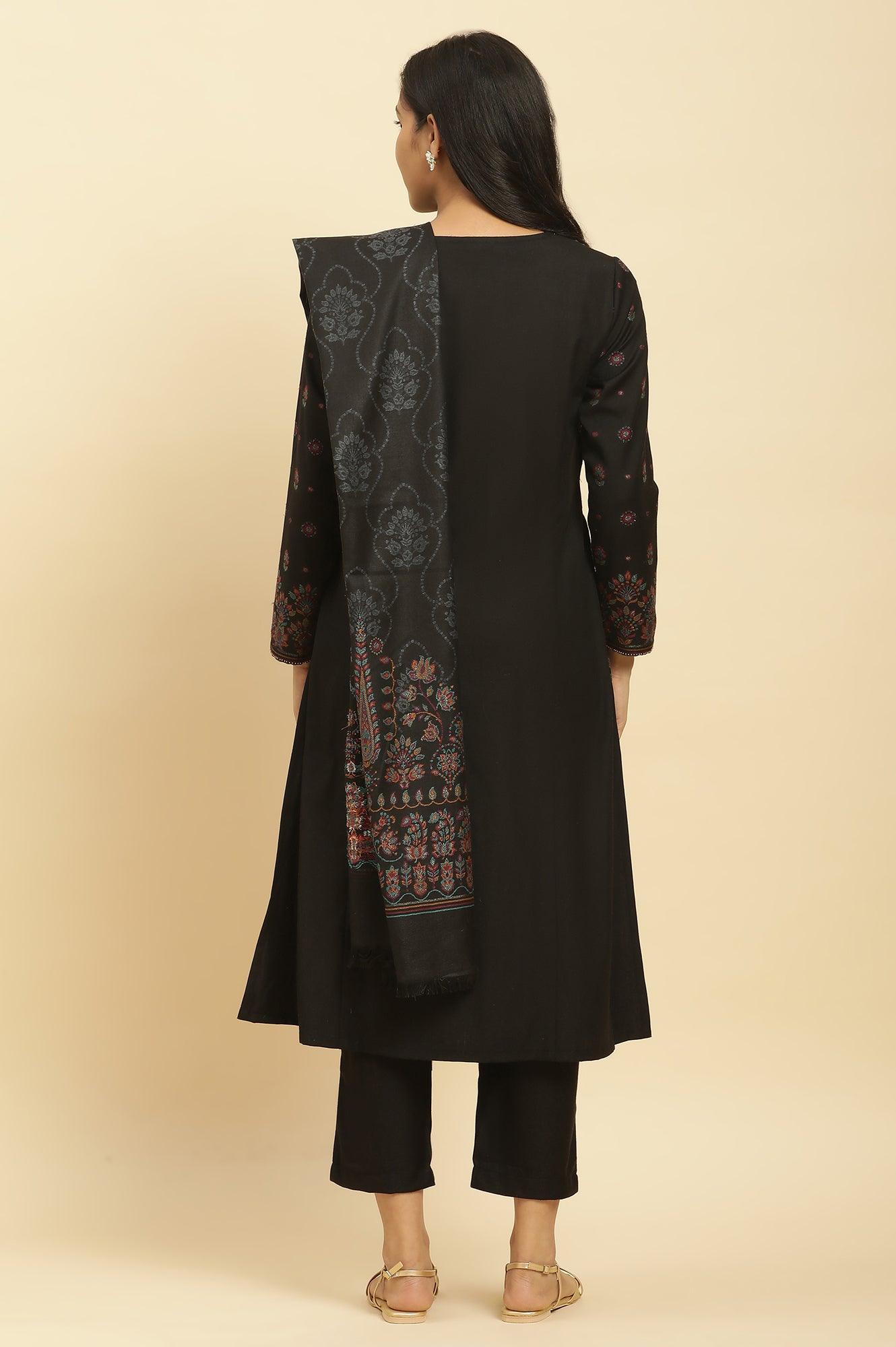 Black Printed Acrylic Kurta, Pants And Shawl Set - wforwoman