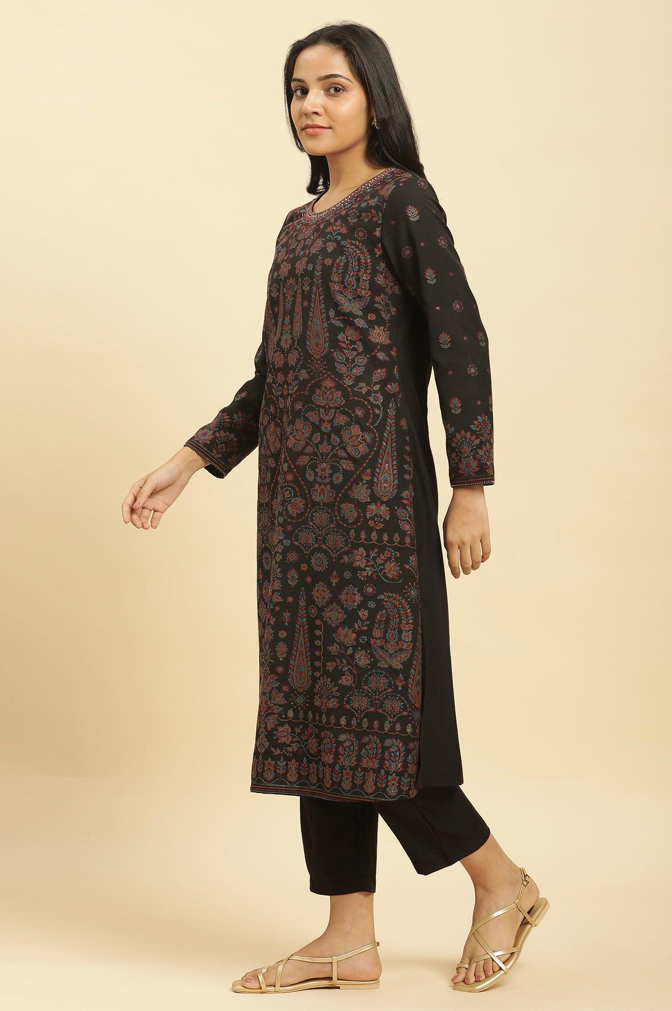 Black Printed Acrylic Kurta, Pants And Shawl Set - wforwoman