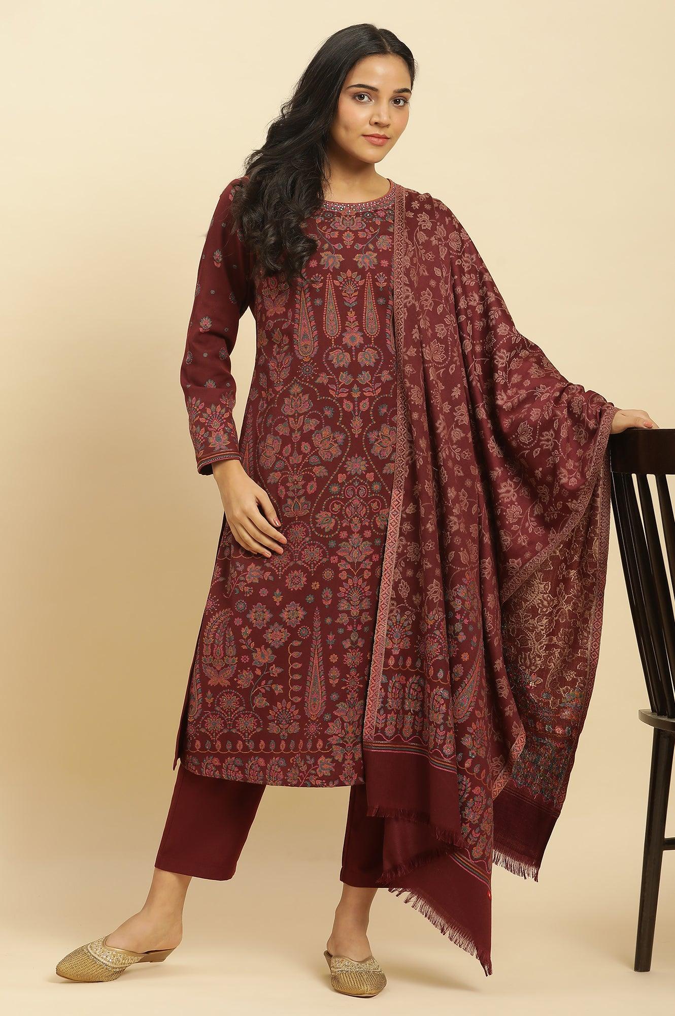 Maroon Printed Acrylic Kurta, Pants And Shawl Set - wforwoman