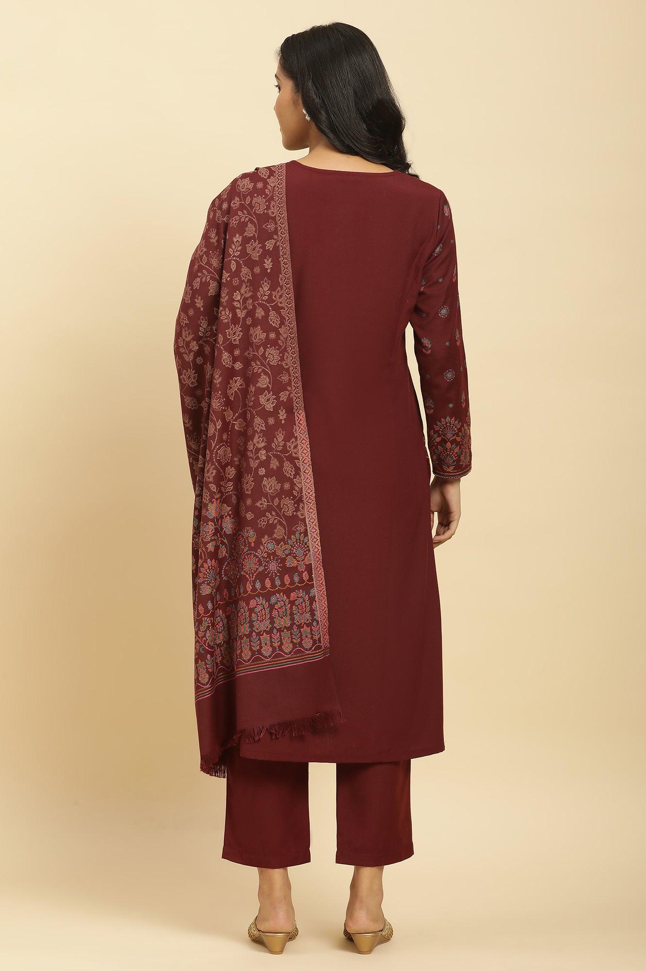 Maroon Printed Acrylic Kurta, Pants And Shawl Set - wforwoman