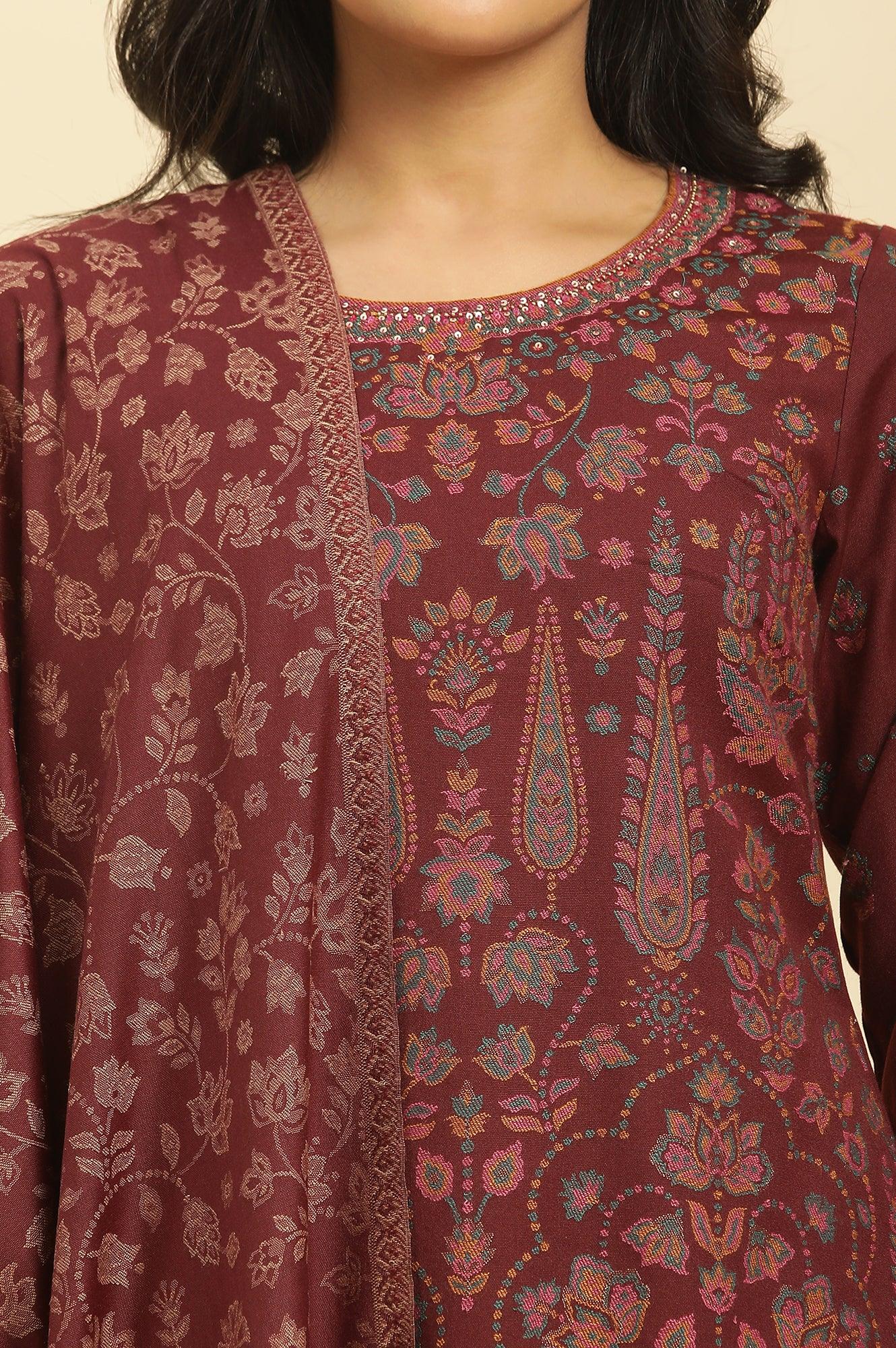 Maroon Printed Acrylic Kurta, Pants And Shawl Set - wforwoman