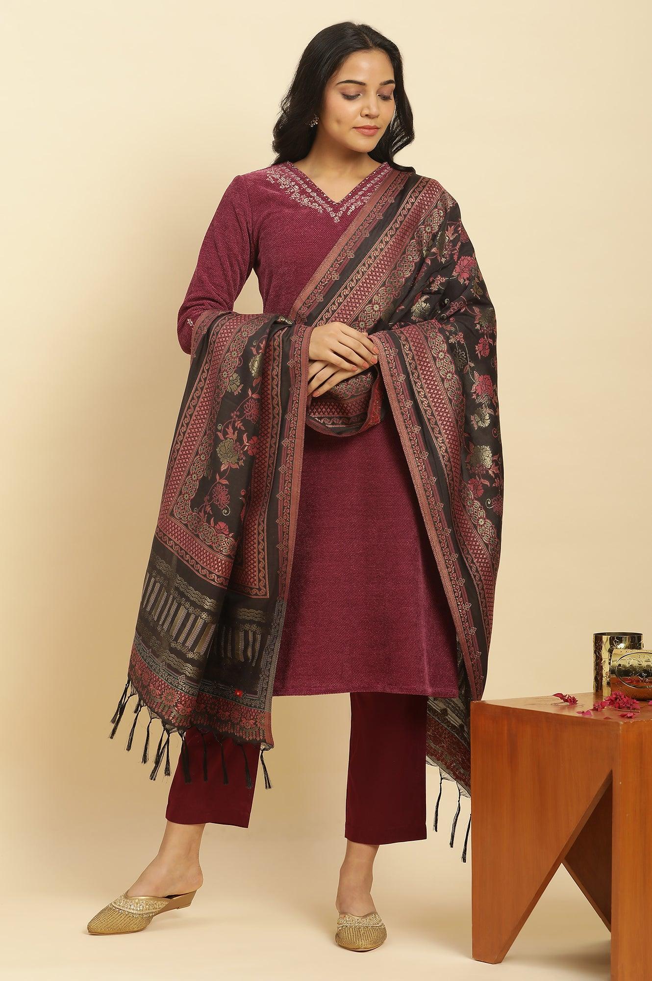 Red Zari Embroidered Kurta, Pants And Jacquard Dupatta Set - wforwoman