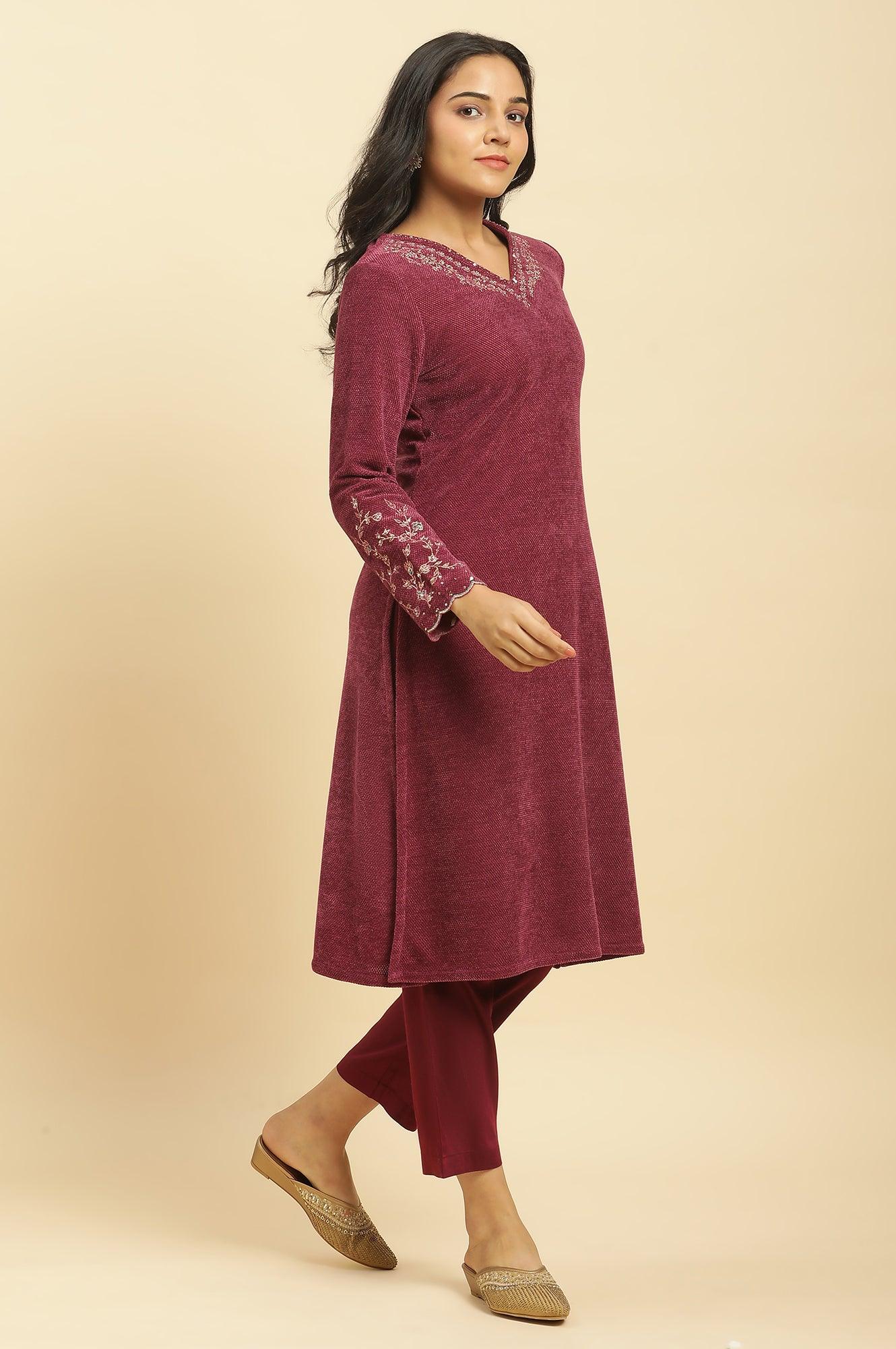 Red Zari Embroidered Kurta, Pants And Jacquard Dupatta Set - wforwoman