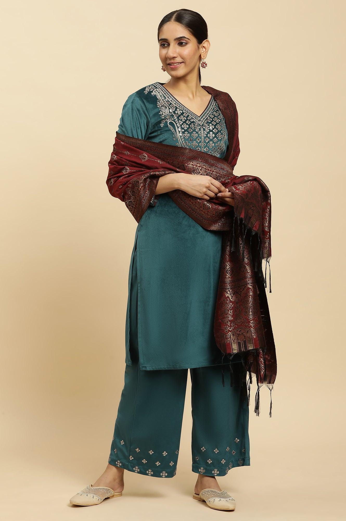 Blue Embroidered Velvet Winter Kurta, Pants And Shawl Set - wforwoman