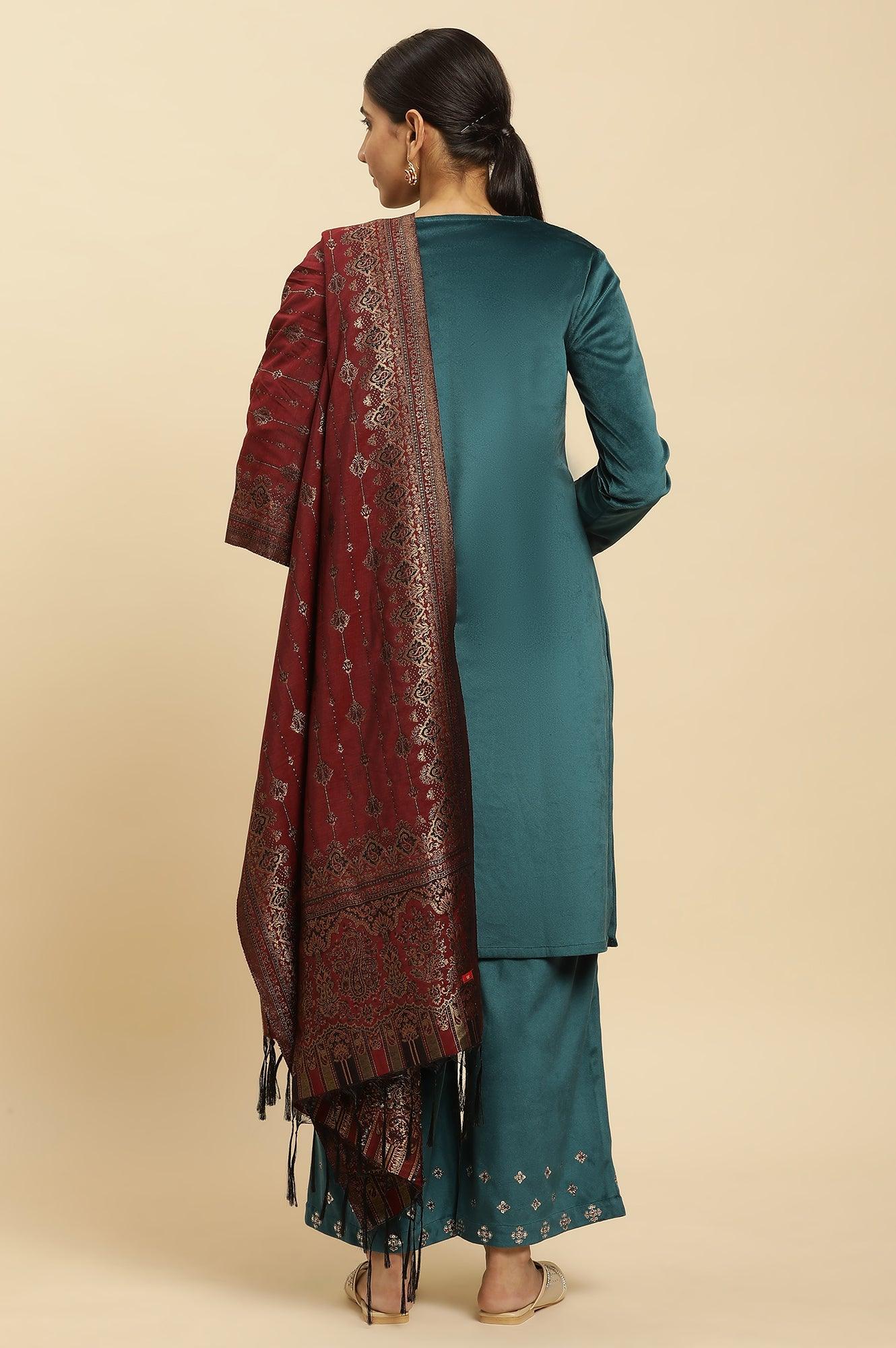 Blue Embroidered Velvet Winter Kurta, Pants And Shawl Set - wforwoman
