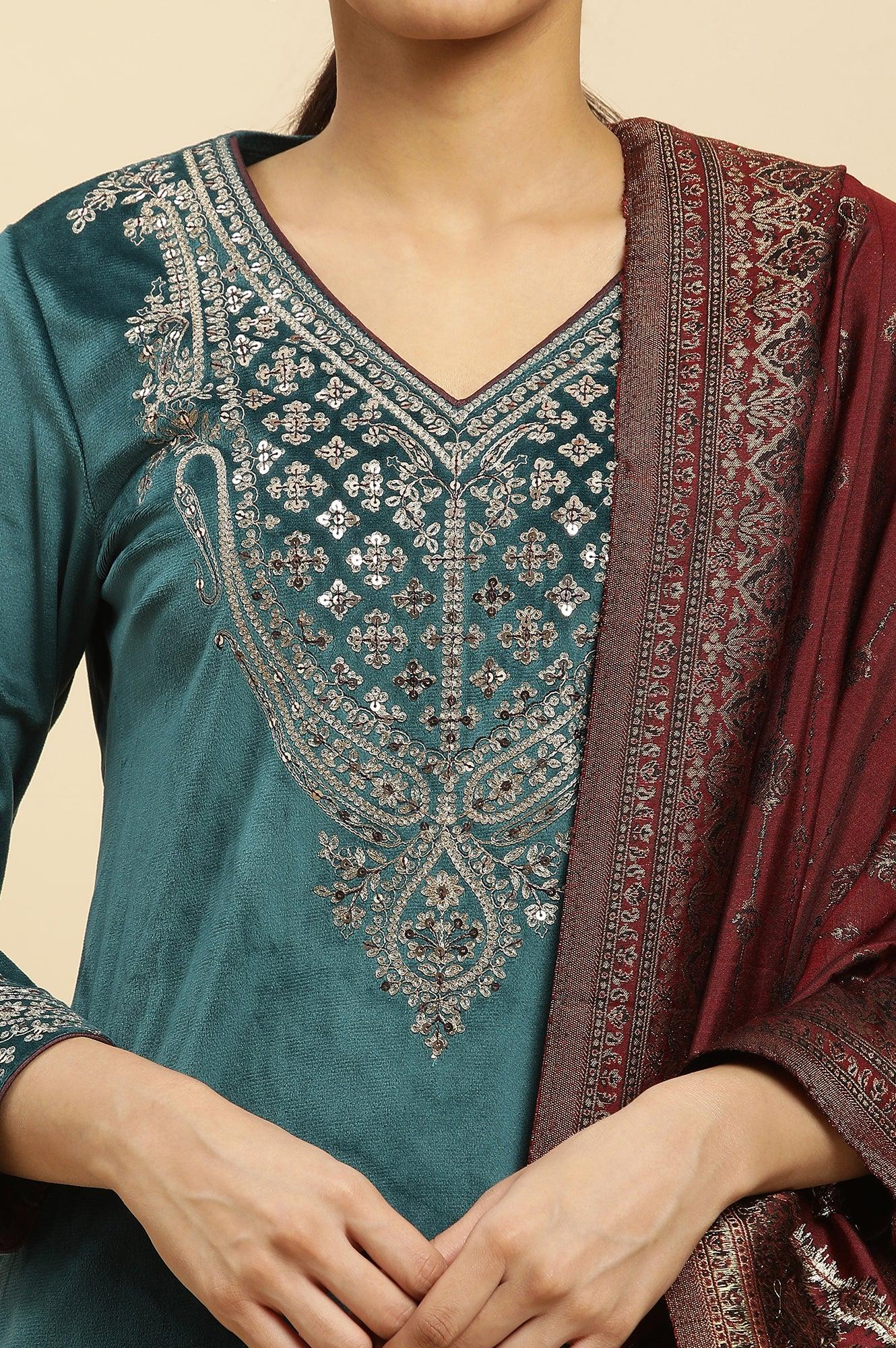 Blue Embroidered Velvet Winter Kurta, Pants And Shawl Set - wforwoman