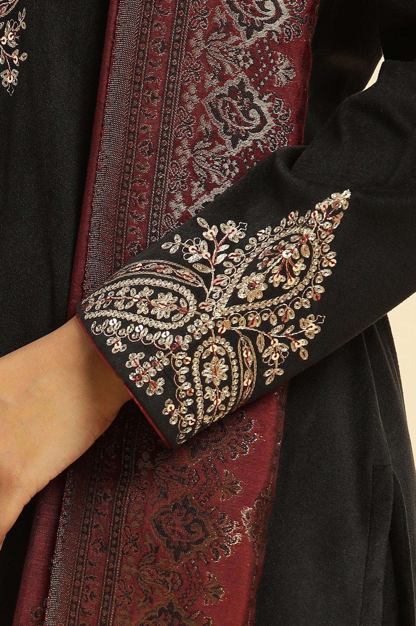 Black Embroidered Velvet Winter Kurta, Pants And Shawl Set - wforwoman