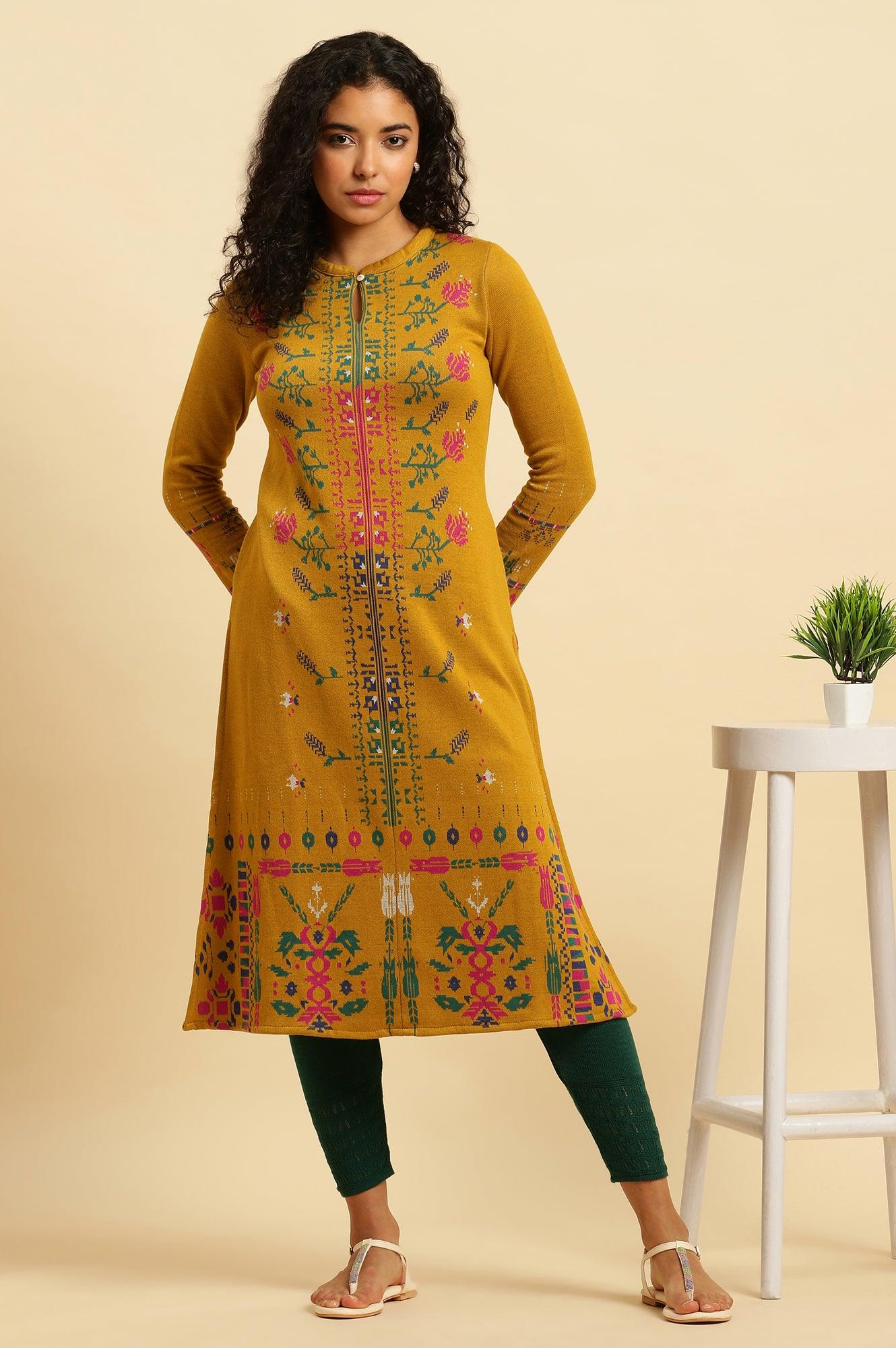 Buy Yellow Geometric Printed Winter Kurta And Tights Set 4499