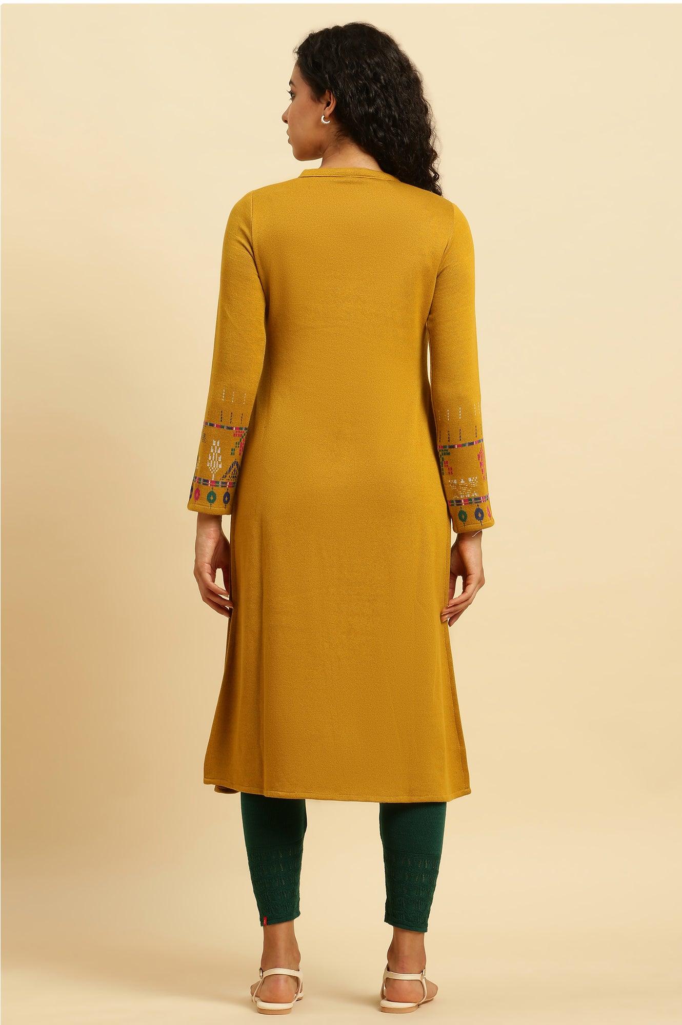 Yellow Geometric Printed Winter Kurta And Tights Set - wforwoman
