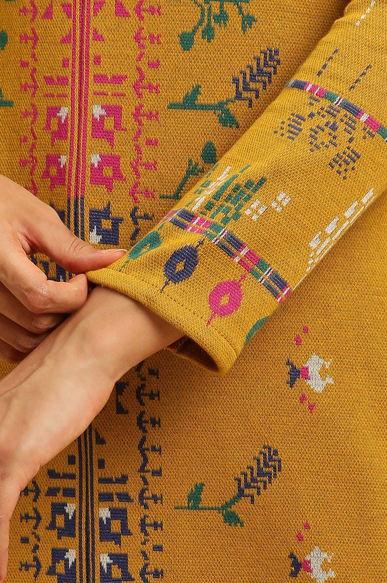 Yellow Geometric Printed Winter Kurta And Tights Set - wforwoman