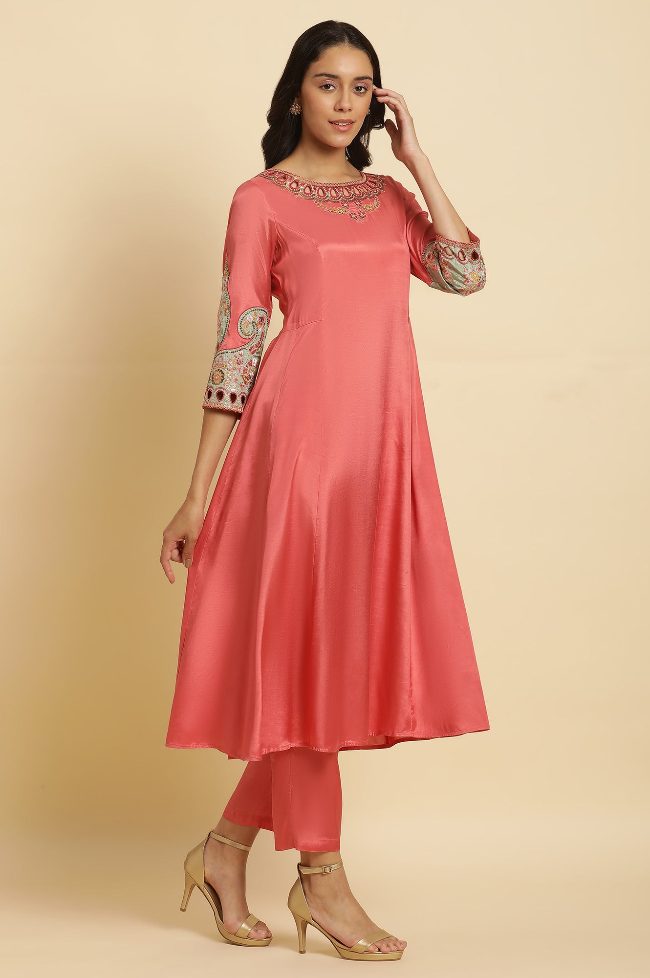 Pink Embroidered Anarkali Kurta, Pants & Printed Dupatta Set - wforwoman