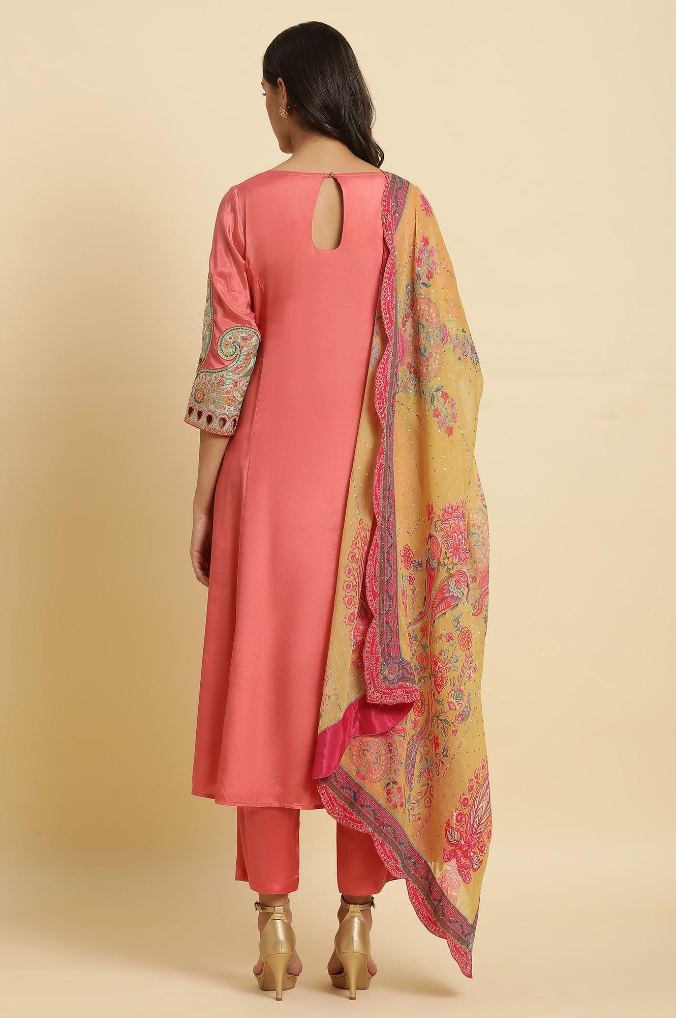 Pink Embroidered Anarkali Kurta, Pants & Printed Dupatta Set - wforwoman
