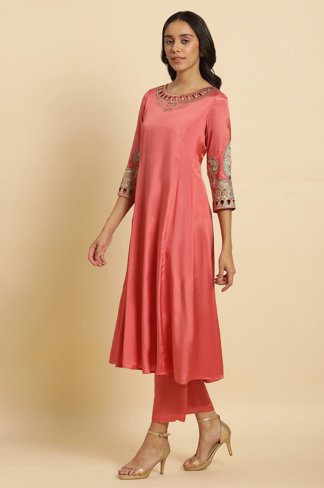 Pink Embroidered Anarkali Kurta, Pants & Printed Dupatta Set - wforwoman