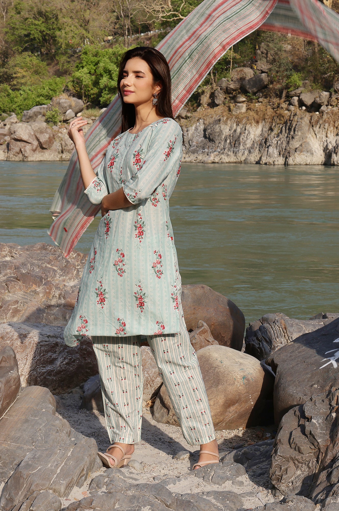 Turquoise Green Floral Printed With Lace Pure Cotton Straight Kurta and  Pants Set with Kota Dupatta XS