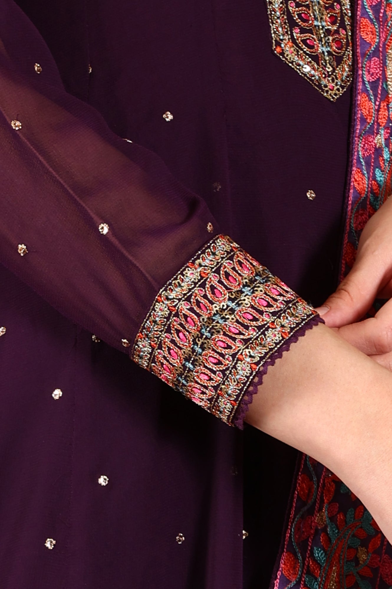 Purple Thread Embroidered Georgette Anarkali Kurta and Churidar Set with Dupatta