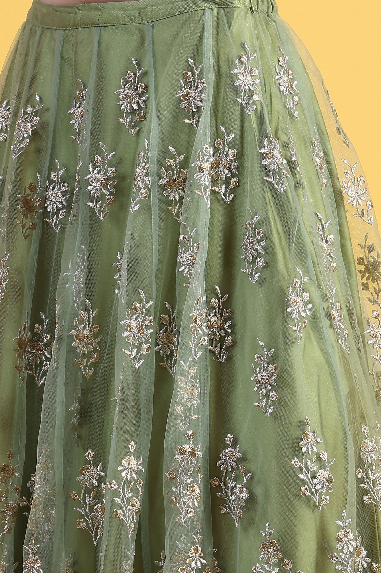 Green Metallic Embroidery Mesh Flared Kurta & Skirt with Dupatta Set