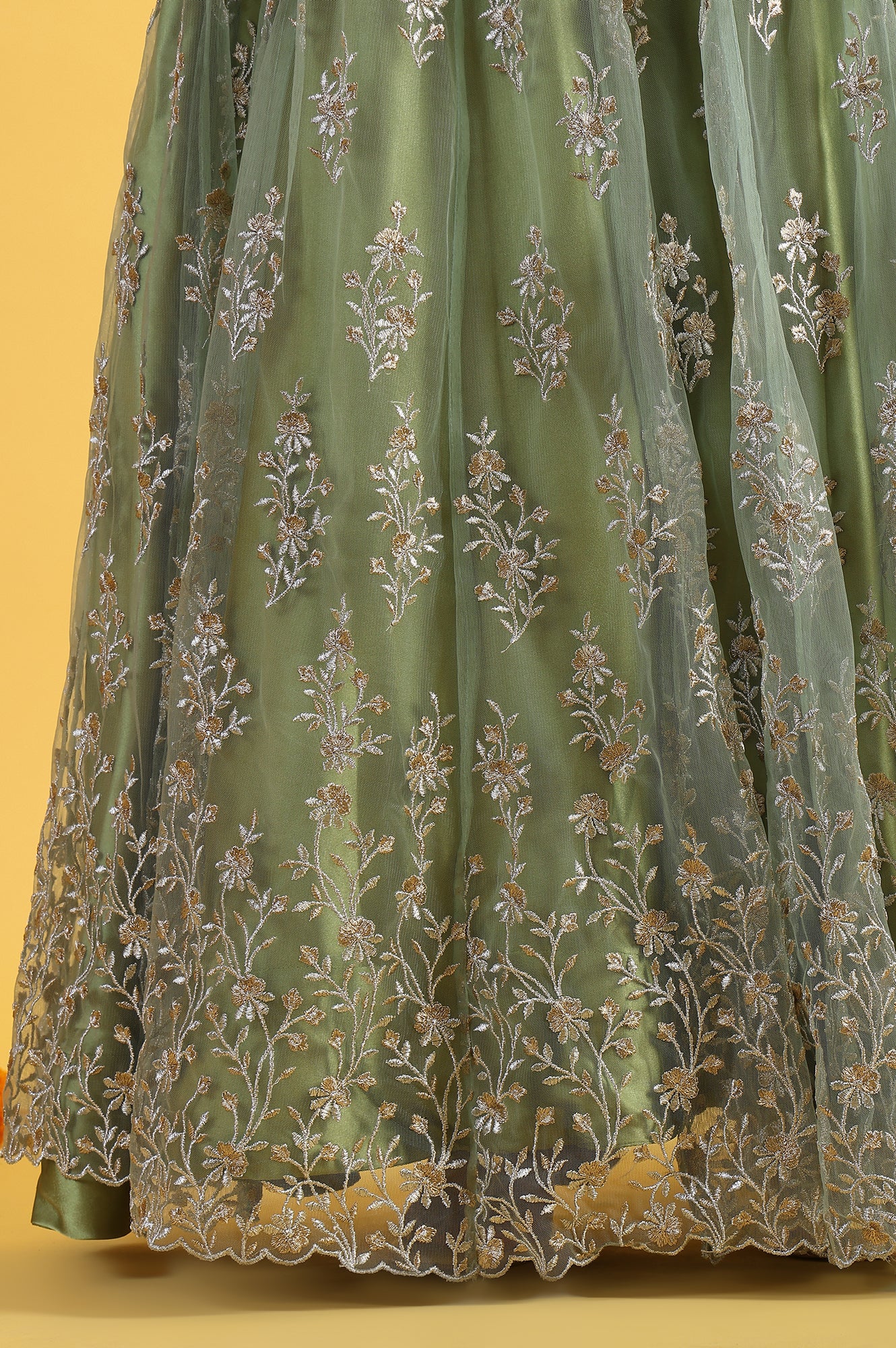 Green Metallic Embroidery Mesh Flared Kurta & Skirt with Dupatta Set