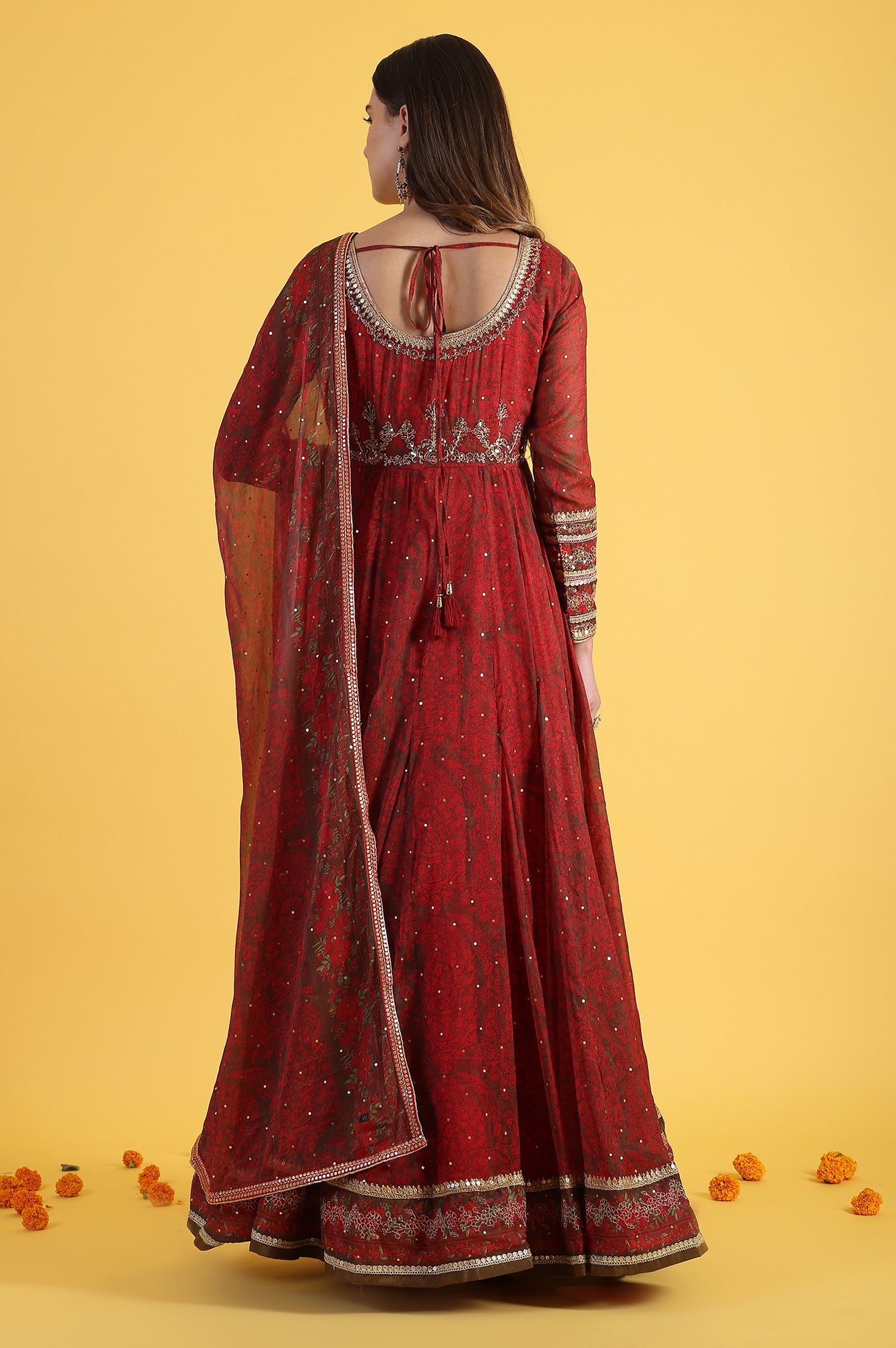 Red Dori Embroidery Chiffon Flared Dresses with Dupatta Set