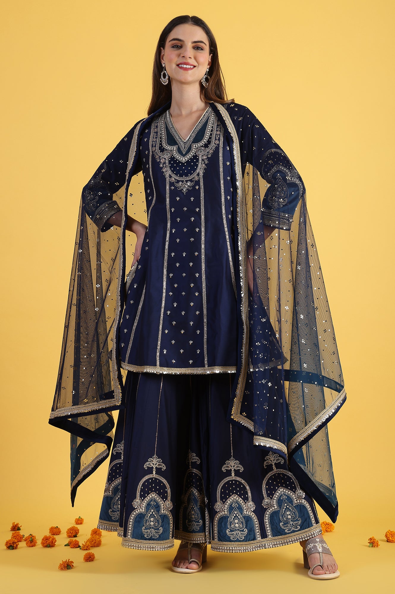 Blue Embroidered Kurta & Sharara with Dupatta Set