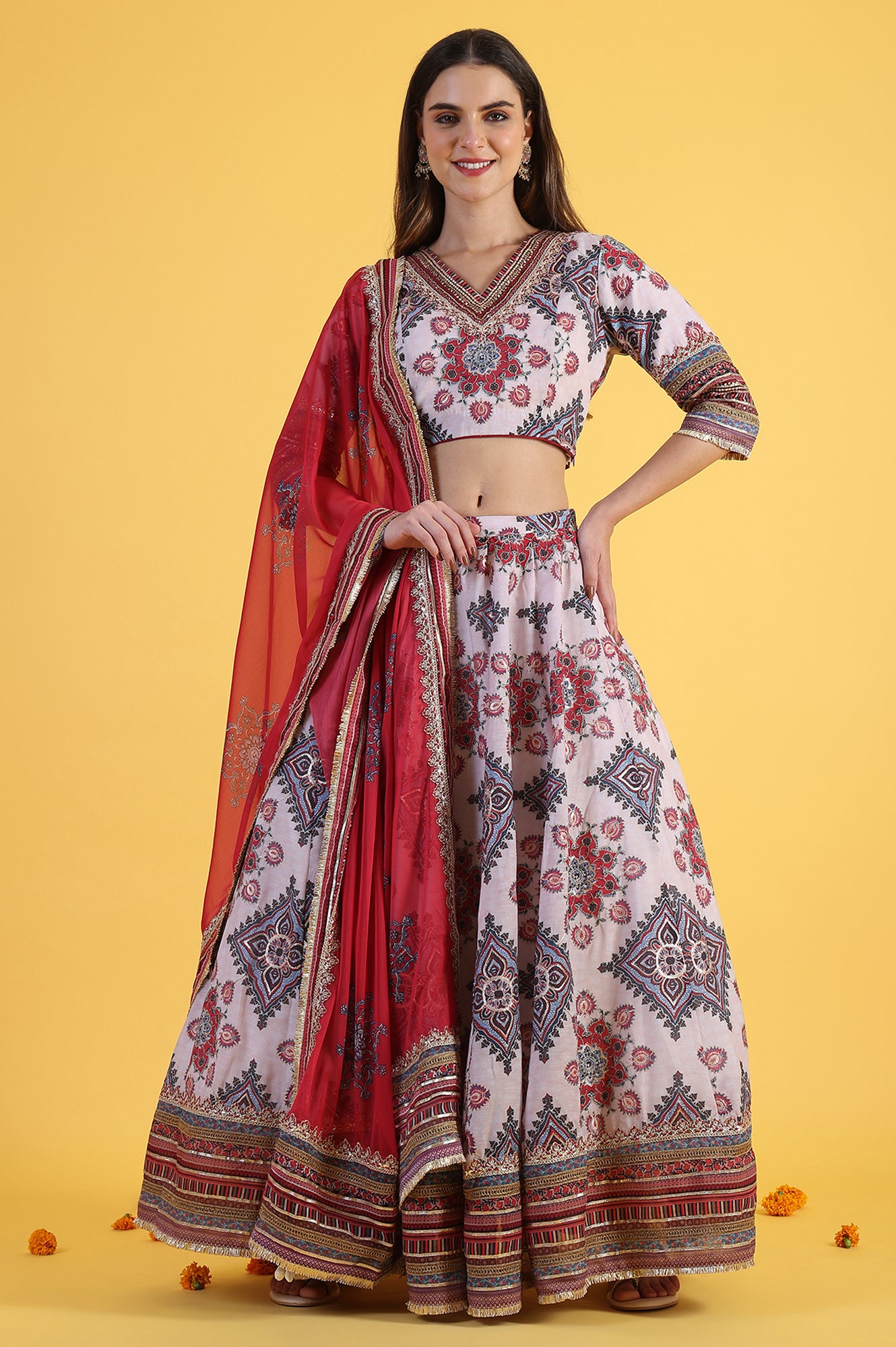 White Embroidered Beads Straight Blouse Top & Skirt with Dupatta Set