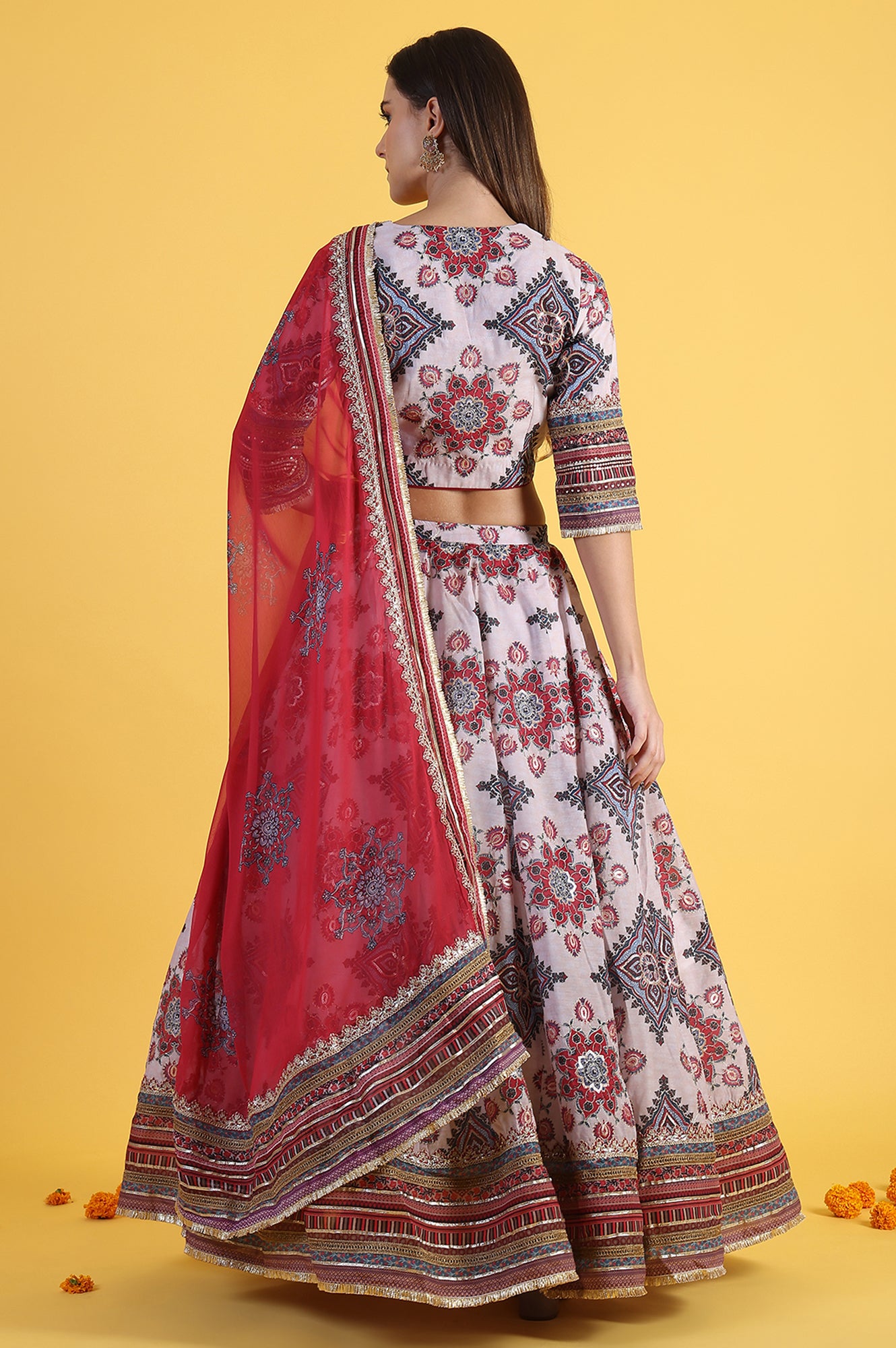 White Embroidered Beads Straight Blouse Top & Skirt with Dupatta Set