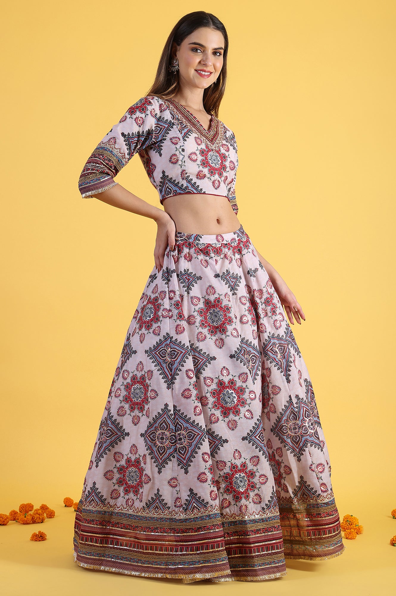 White Embroidered Beads Straight Blouse Top & Skirt with Dupatta Set