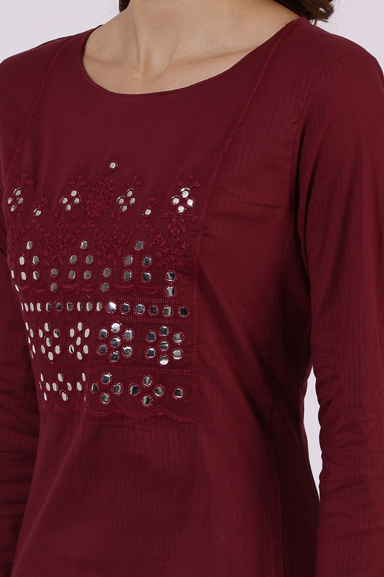 Maroon Solid Mirror work Pure Cotton Straight Kurta