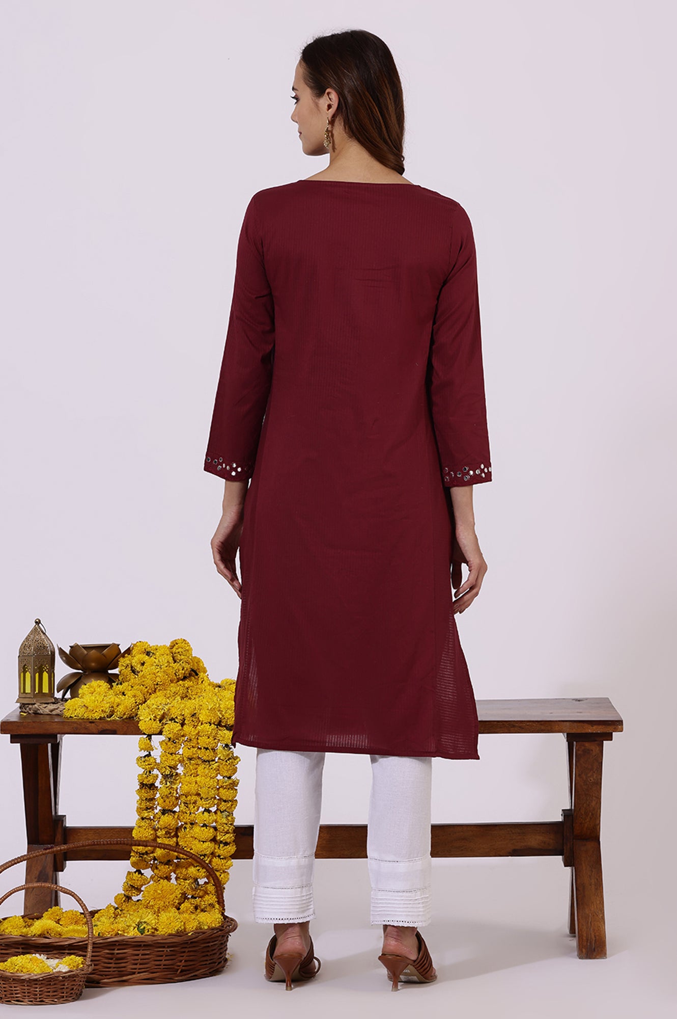 Maroon Solid Mirror work Pure Cotton Straight Kurta