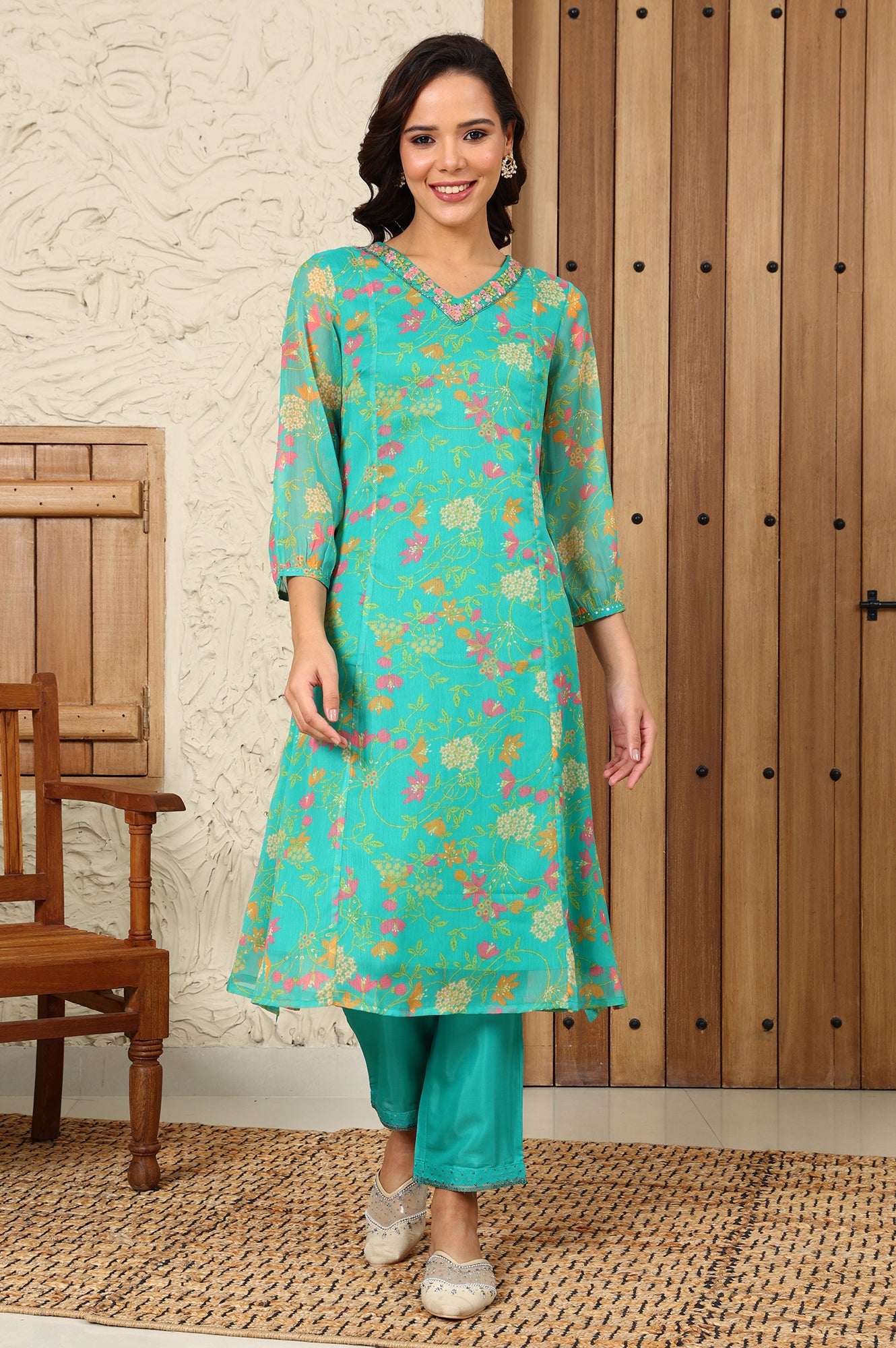 Teal Blue Floral Printed Embroidered Neckline Chiffon A-Line Kurta - wforwoman