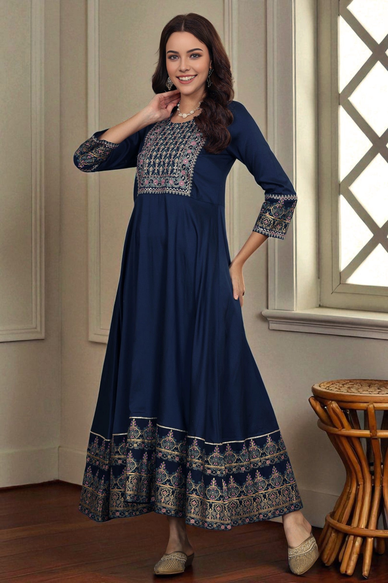 Navy Blue Embroidered Anarkali Dress