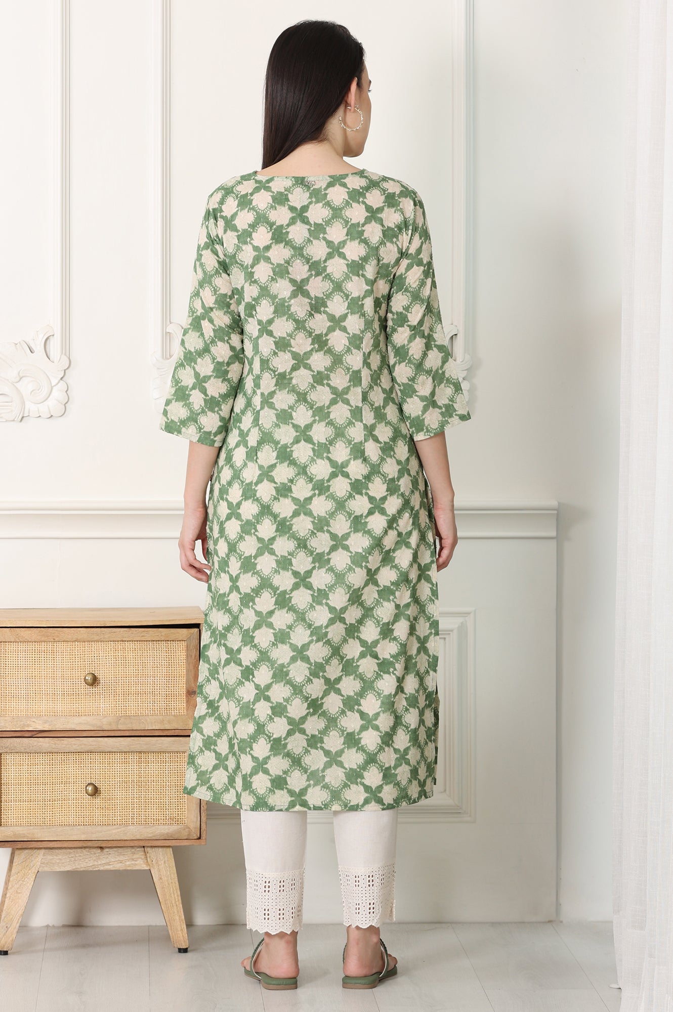 Green Floral Printed Cotton Blend Textured Straight Kurta - wforwoman