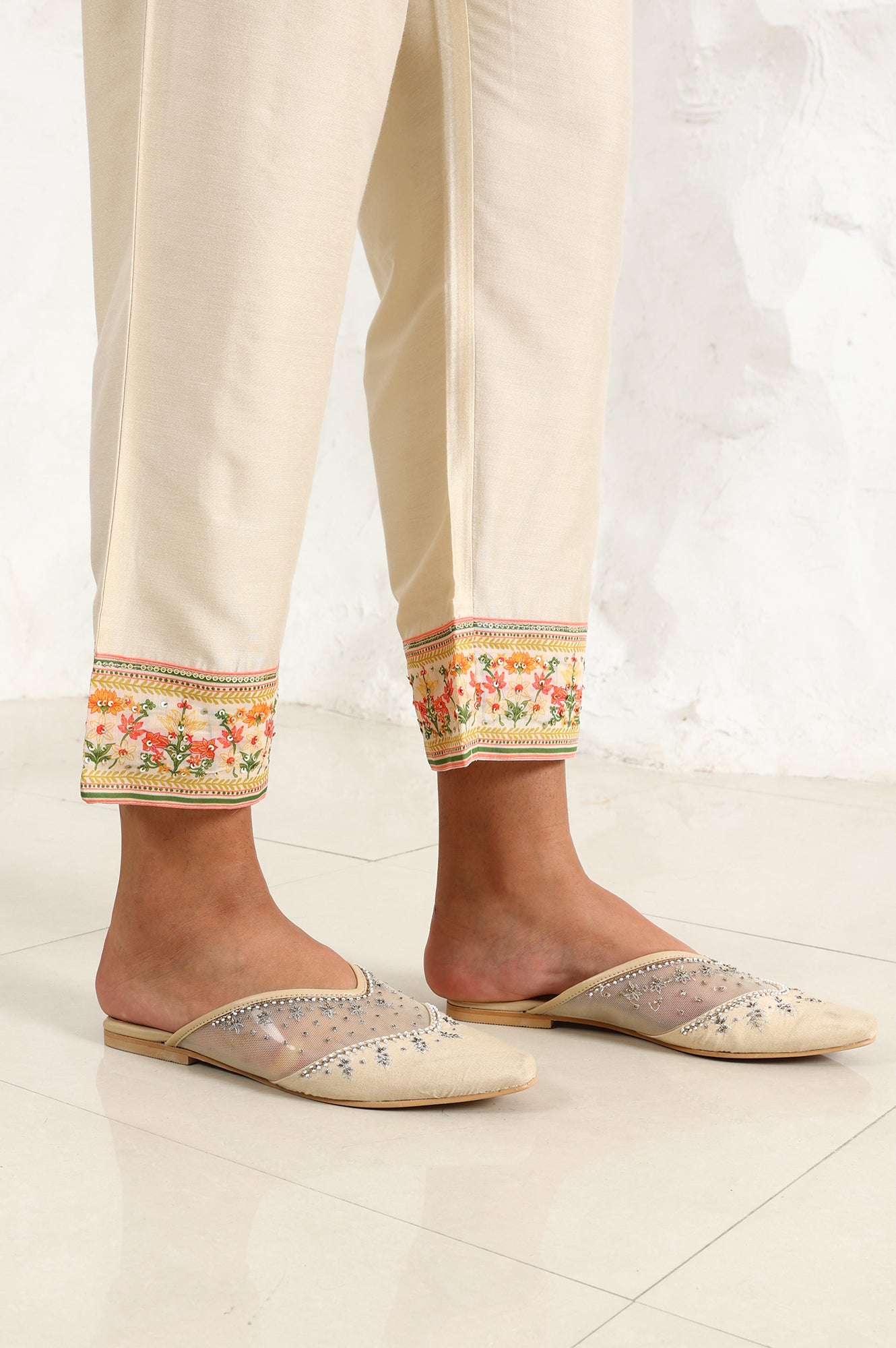 White Floral Printed Thread Embroidered Neck Chiffon Flared Kurta, Straight Pants And Dupatta Set