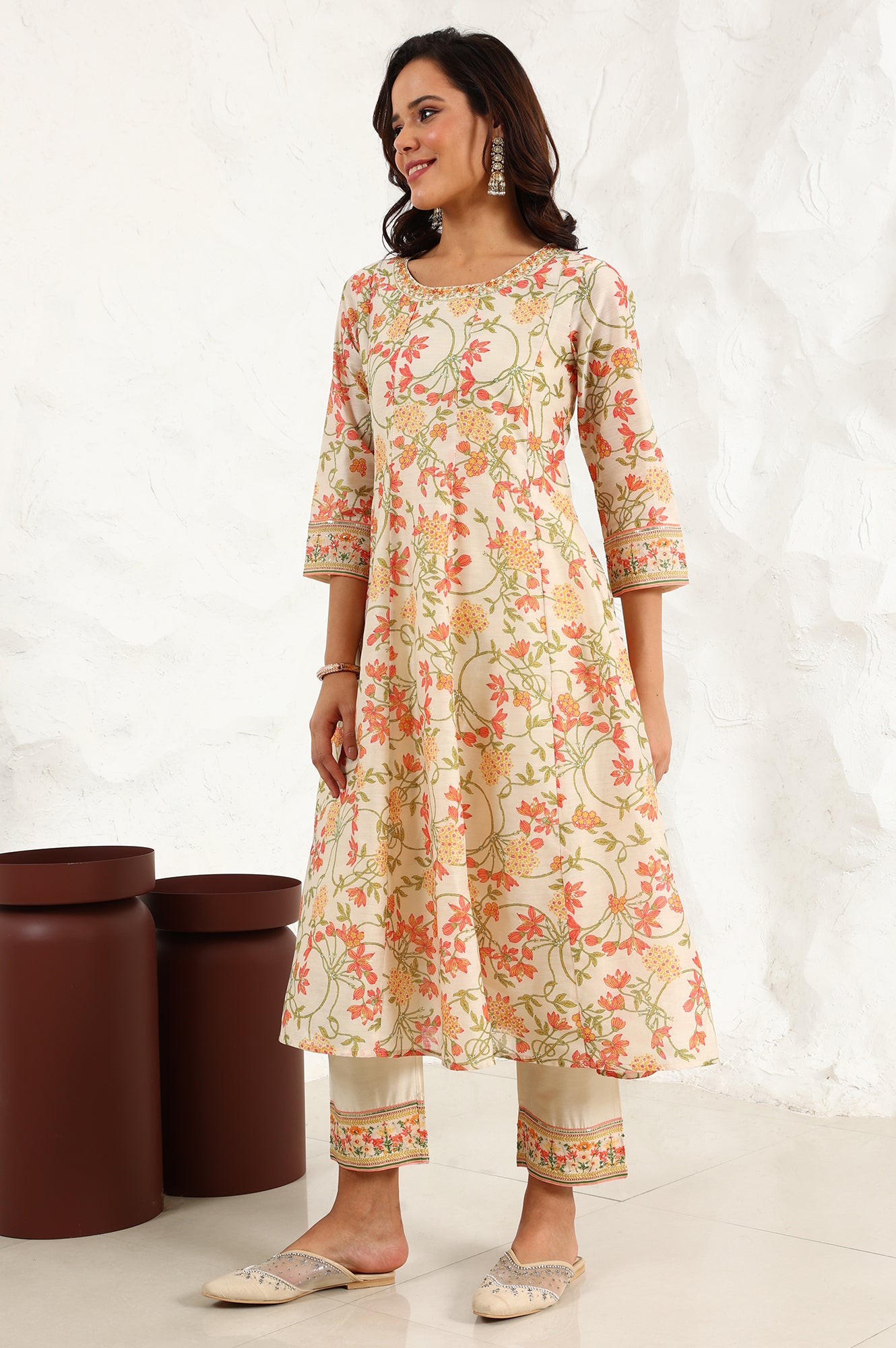 White Floral Printed Thread Embroidered Neck Chiffon Flared Kurta, Straight Pants And Dupatta Set - wforwoman