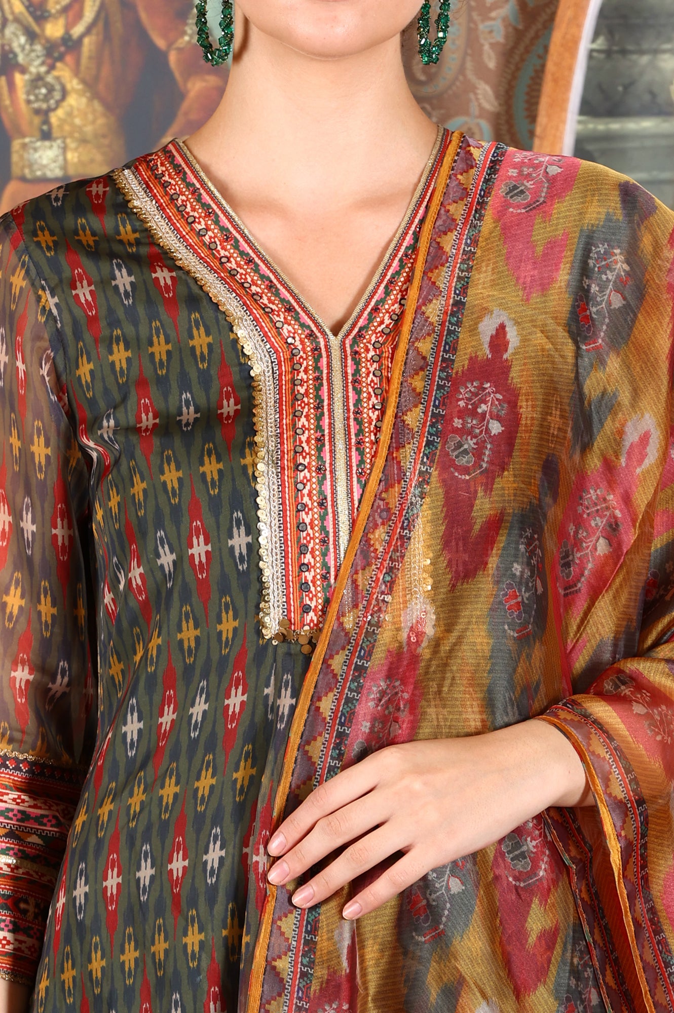 Green Ikkat Printed Embellished Organza Anarkali Kurta, Pants And Dupatta Set