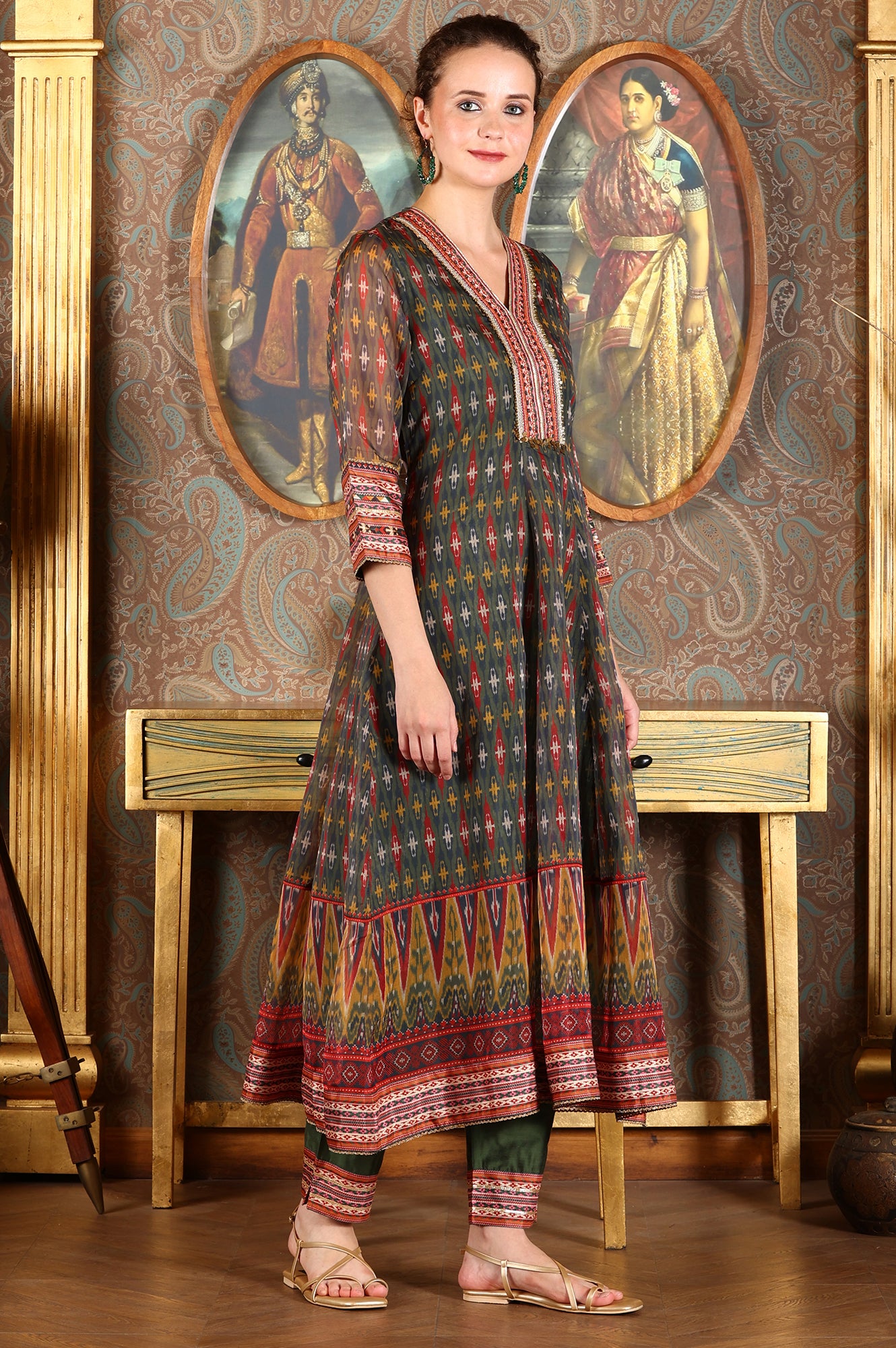 Green Ikkat Printed Embellished Organza Anarkali Kurta, Pants And Dupatta Set