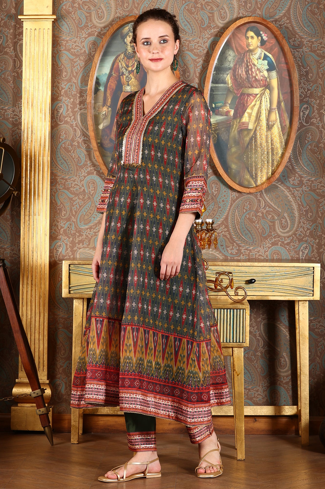 Green Ikkat Printed Embellished Organza Anarkali Kurta, Pants And Dupatta Set