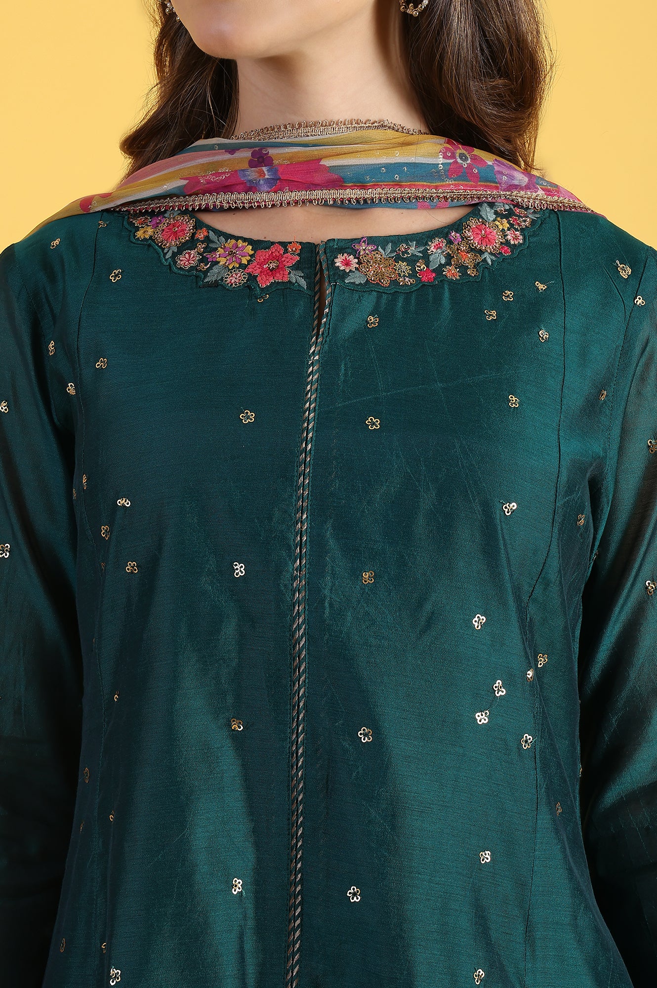 Green Solid SequinsFlared Kurta & Straight pant with Dupatta Set