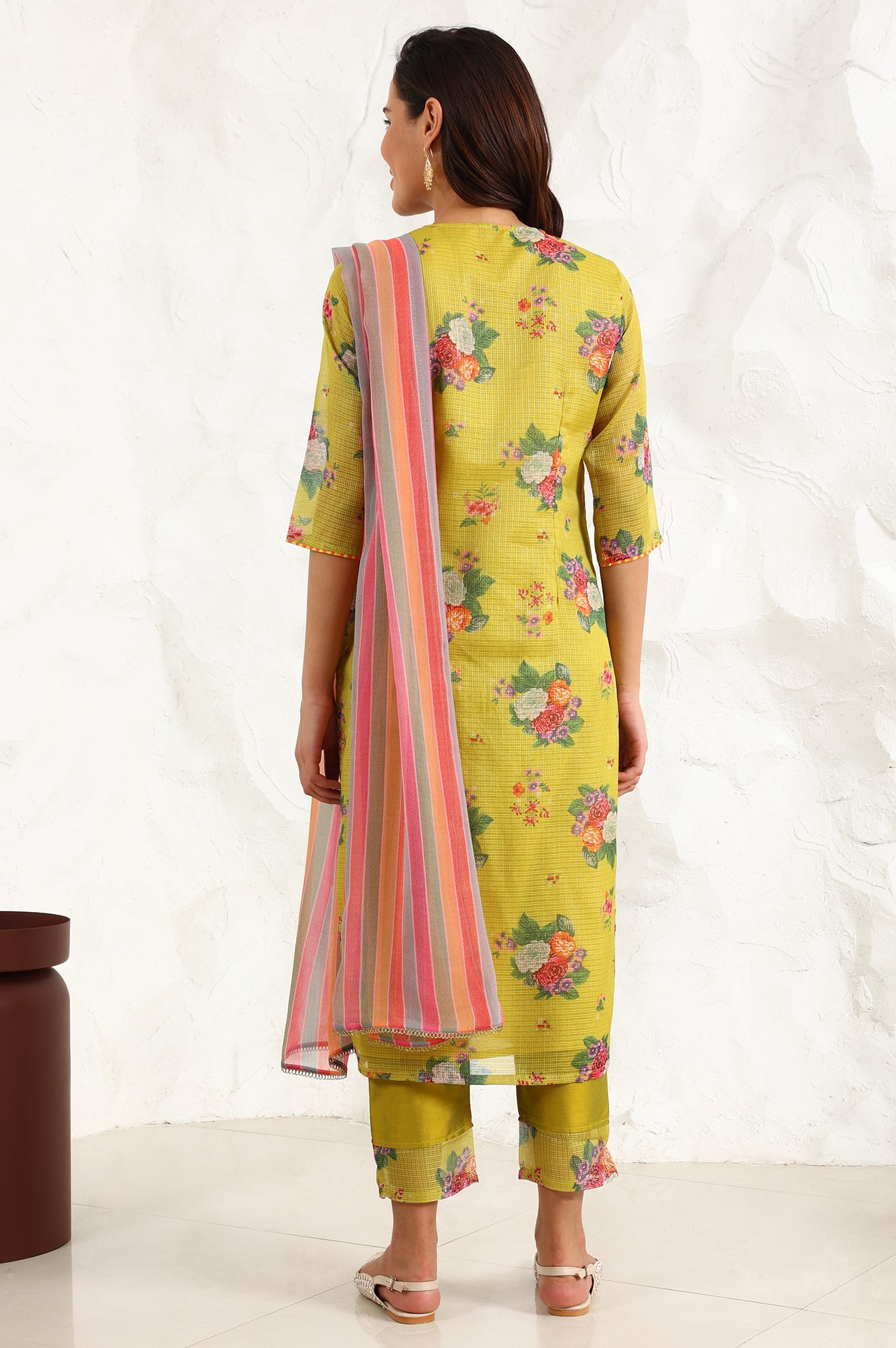 Celery Green Floral Printed Sequined Kota Straight Kurta, Slim Pants And Dupatta Set - wforwoman