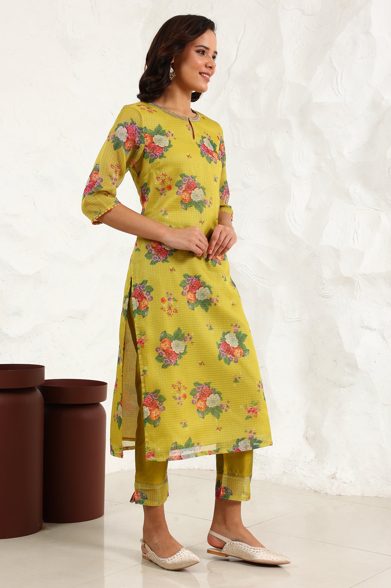 Celery Green Floral Printed Sequined Kota Straight Kurta, Slim Pants And Dupatta Set - wforwoman