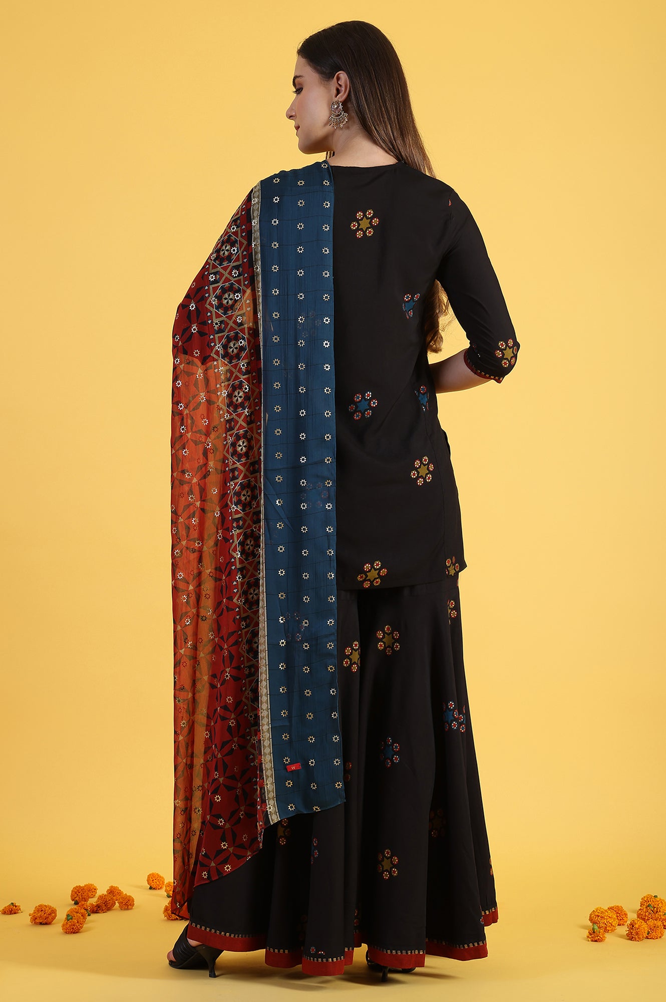 Black Printed Metallic Embroidery Straight Kurta & Sharara with Dupatta Set