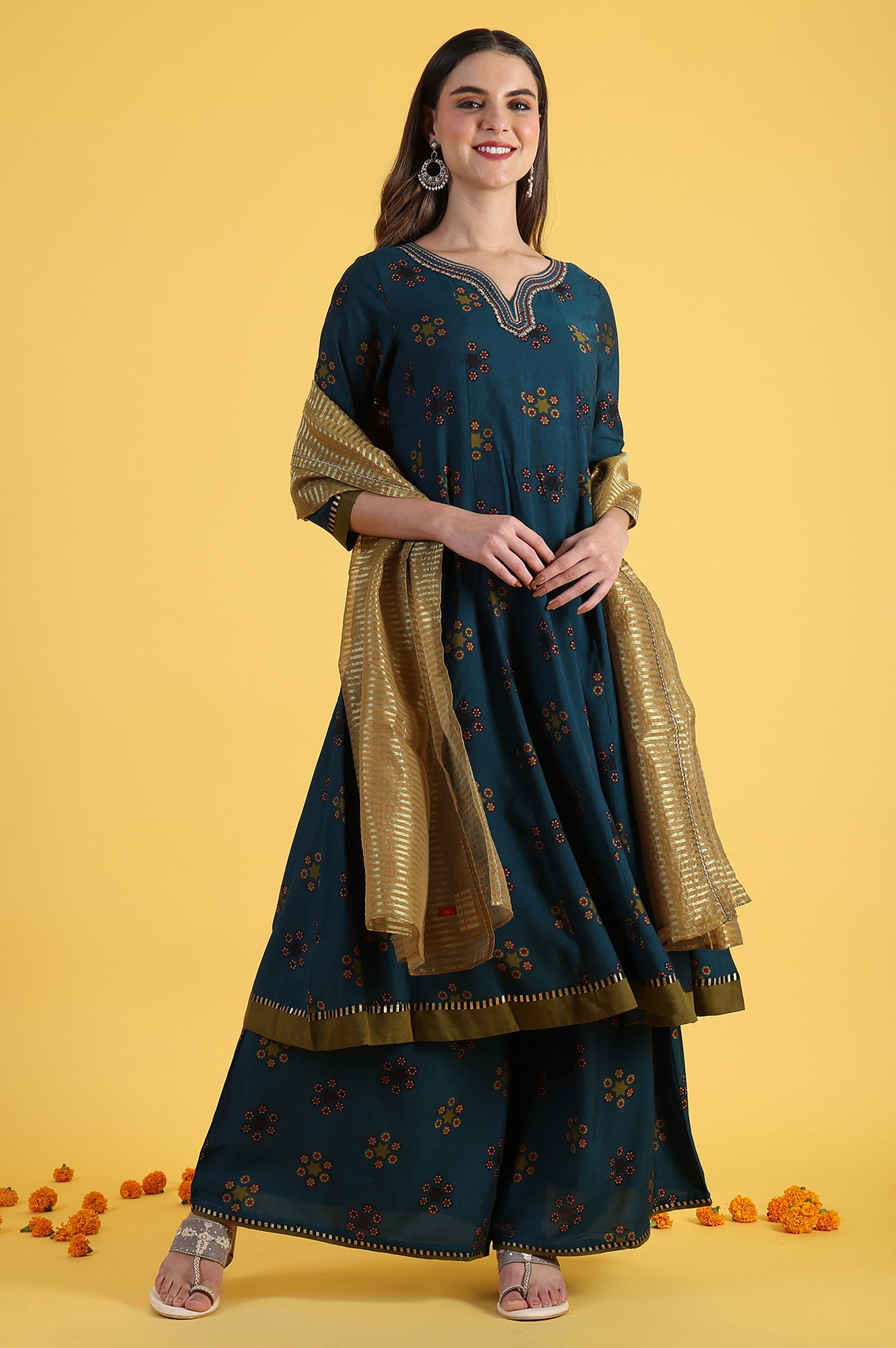 Blue Printed Sequins Flared Kurta & Flared Pants with Dupatta Set