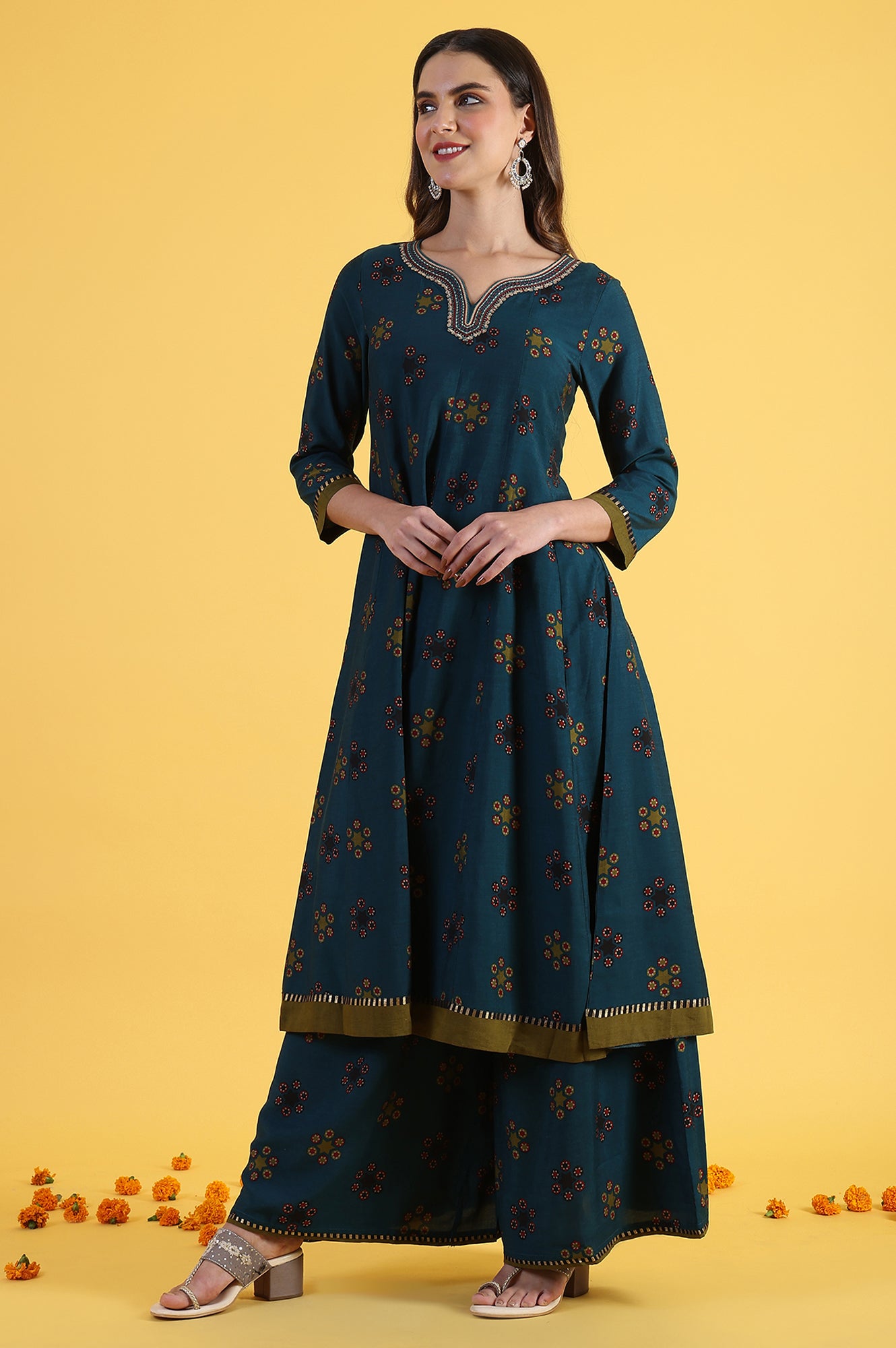 Blue Printed Sequins Flared Kurta & Flared Pants with Dupatta Set