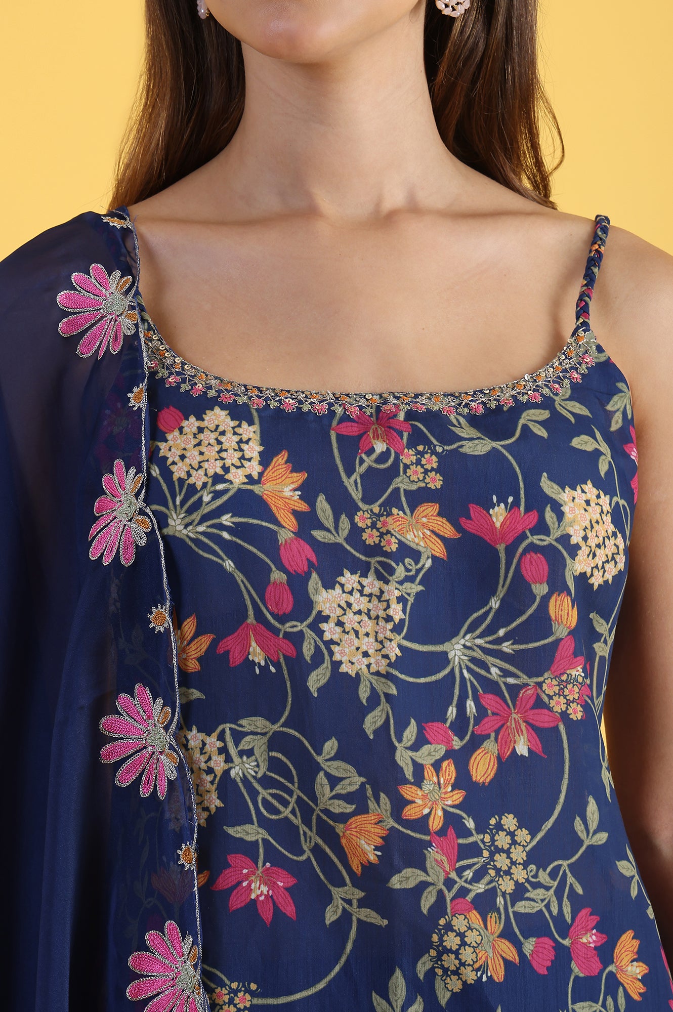 Blue Printed Metallic Embroidery Straight Kurta & Sharara with Dupatta Set