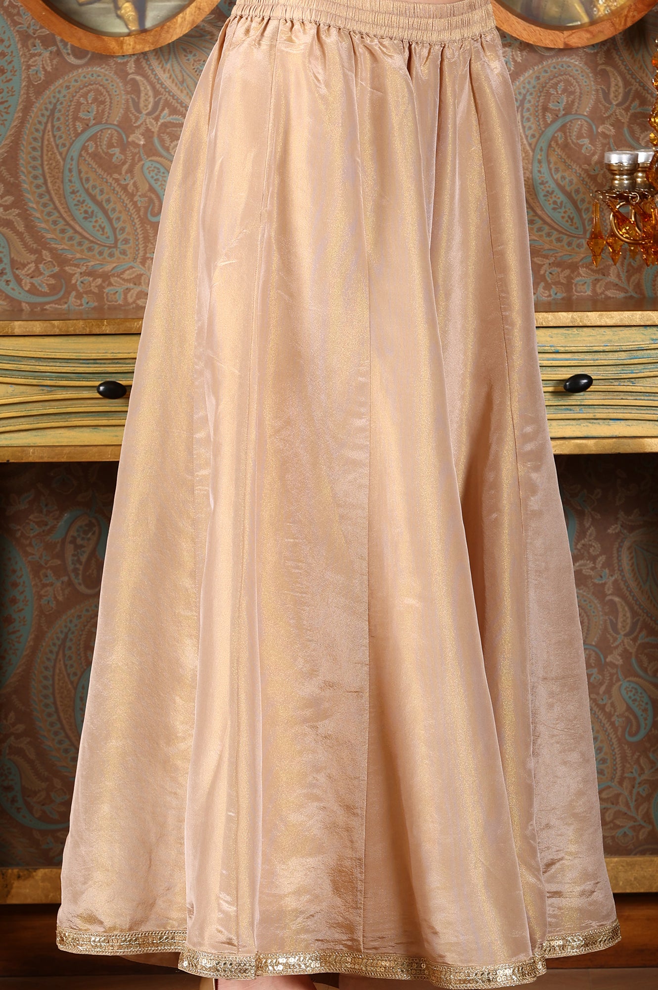 Gold Viscose Zari Embroidered Short Kurta, Flared Pants And Dupatta Set