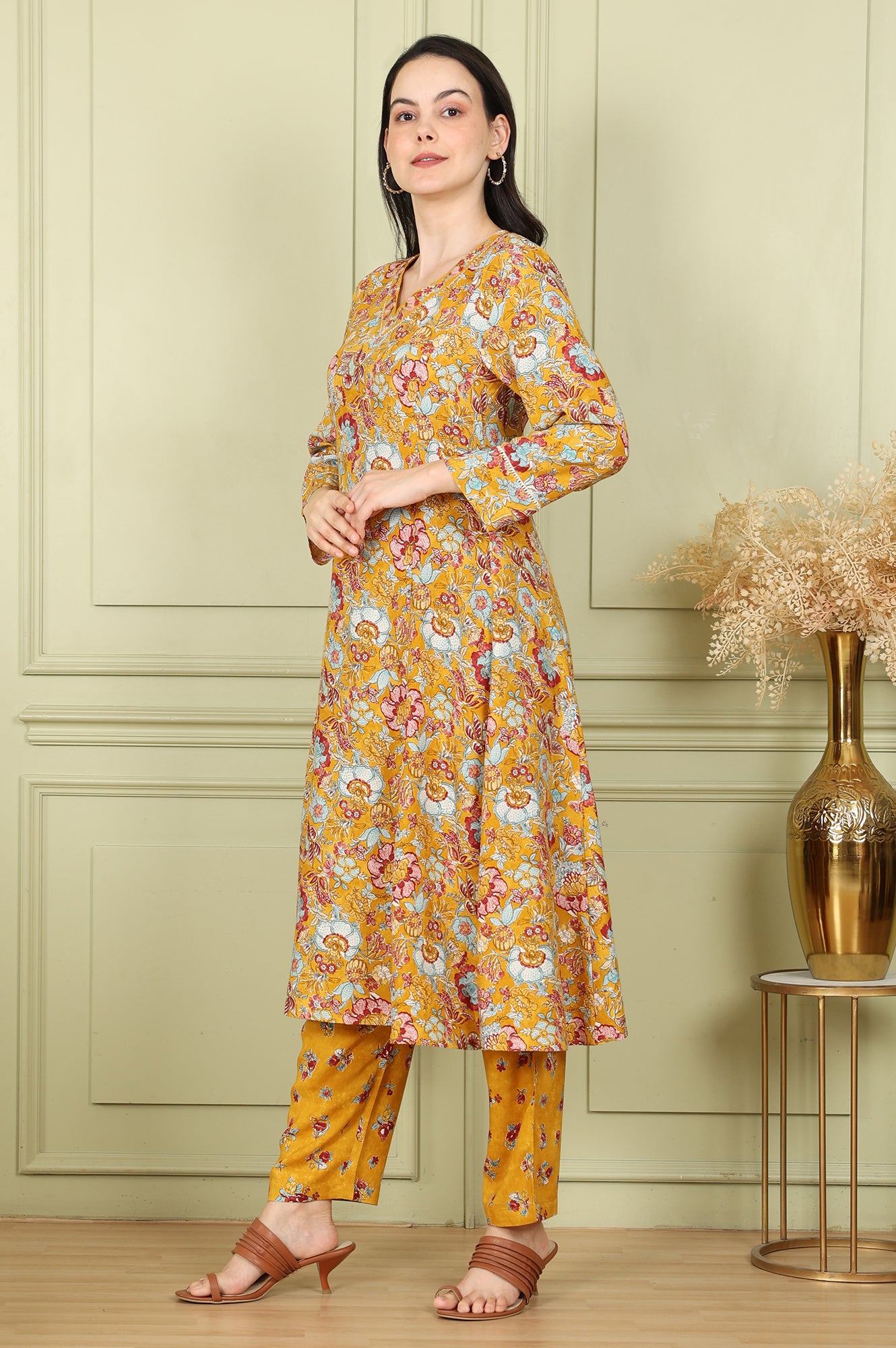 Mustard Yellow Floral Printed Breezy Rayon A-Line Kurta And Pants Set - wforwoman