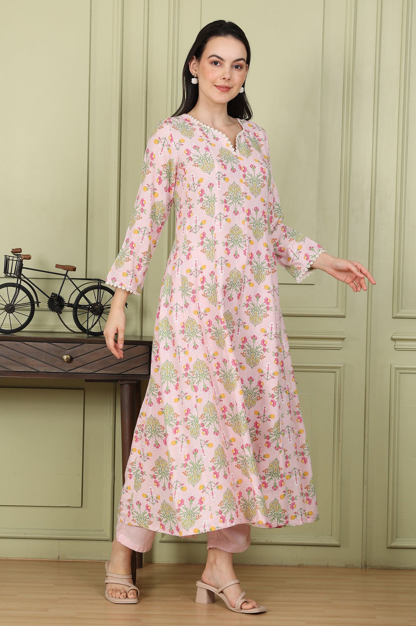 Pastel Pink Floral Printed A-Line Kurta, Pants And Dupatta Set - wforwoman