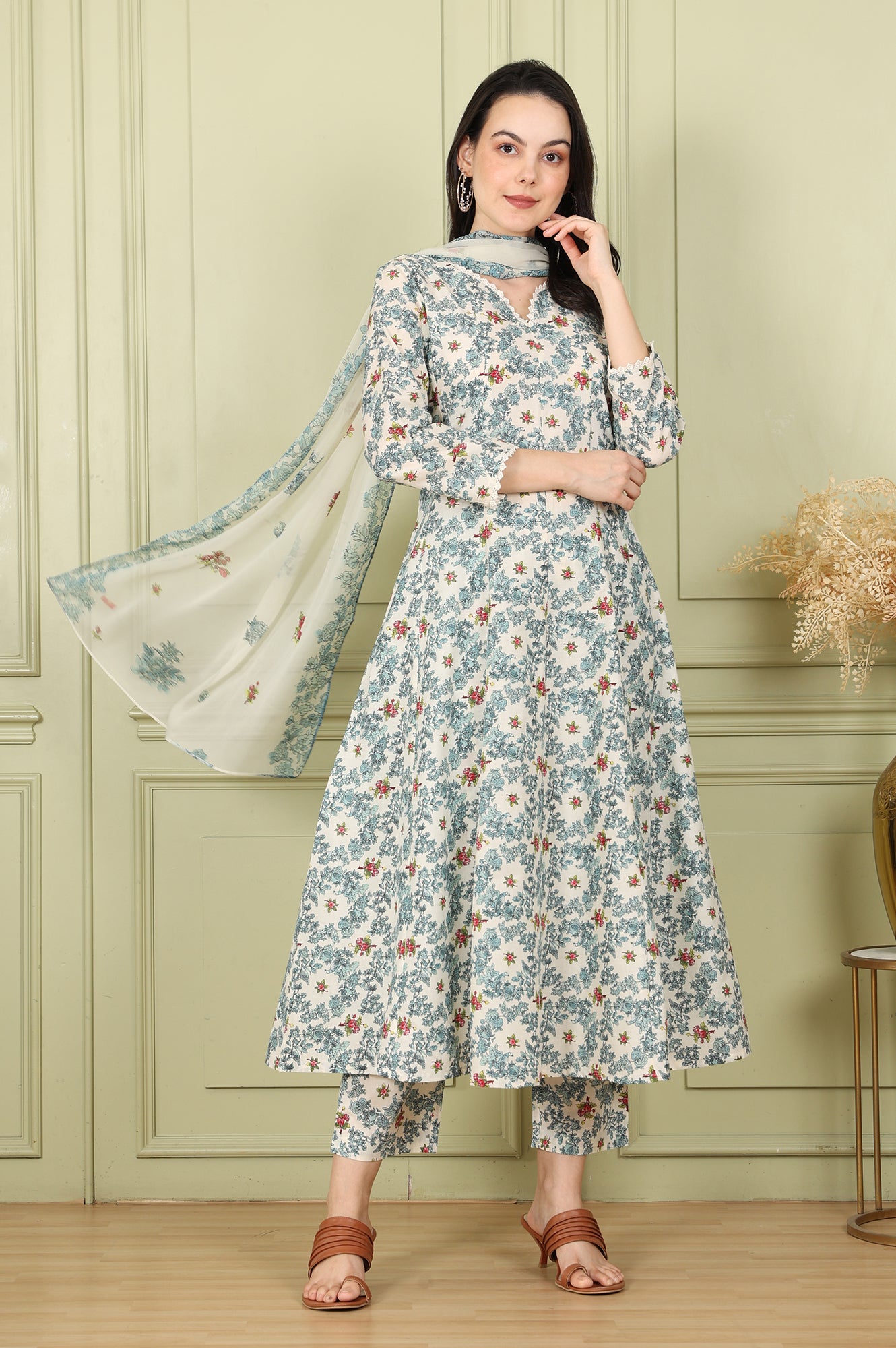 Dupatta Frock Tops With Leggings Buy White Floral Printed A-Line