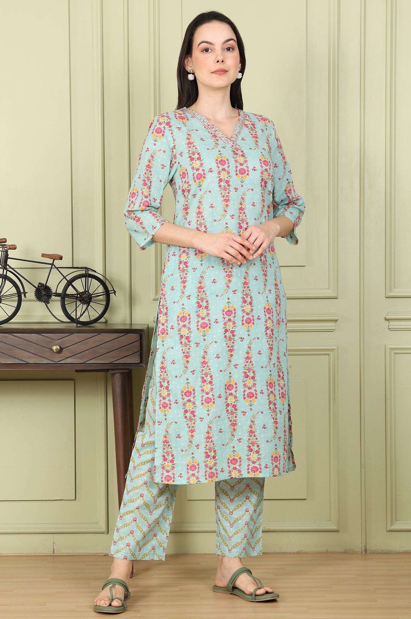 Sea Green Floral Printed Pure Cotton Straight Kurta, Pants And Dupatta Set - wforwoman
