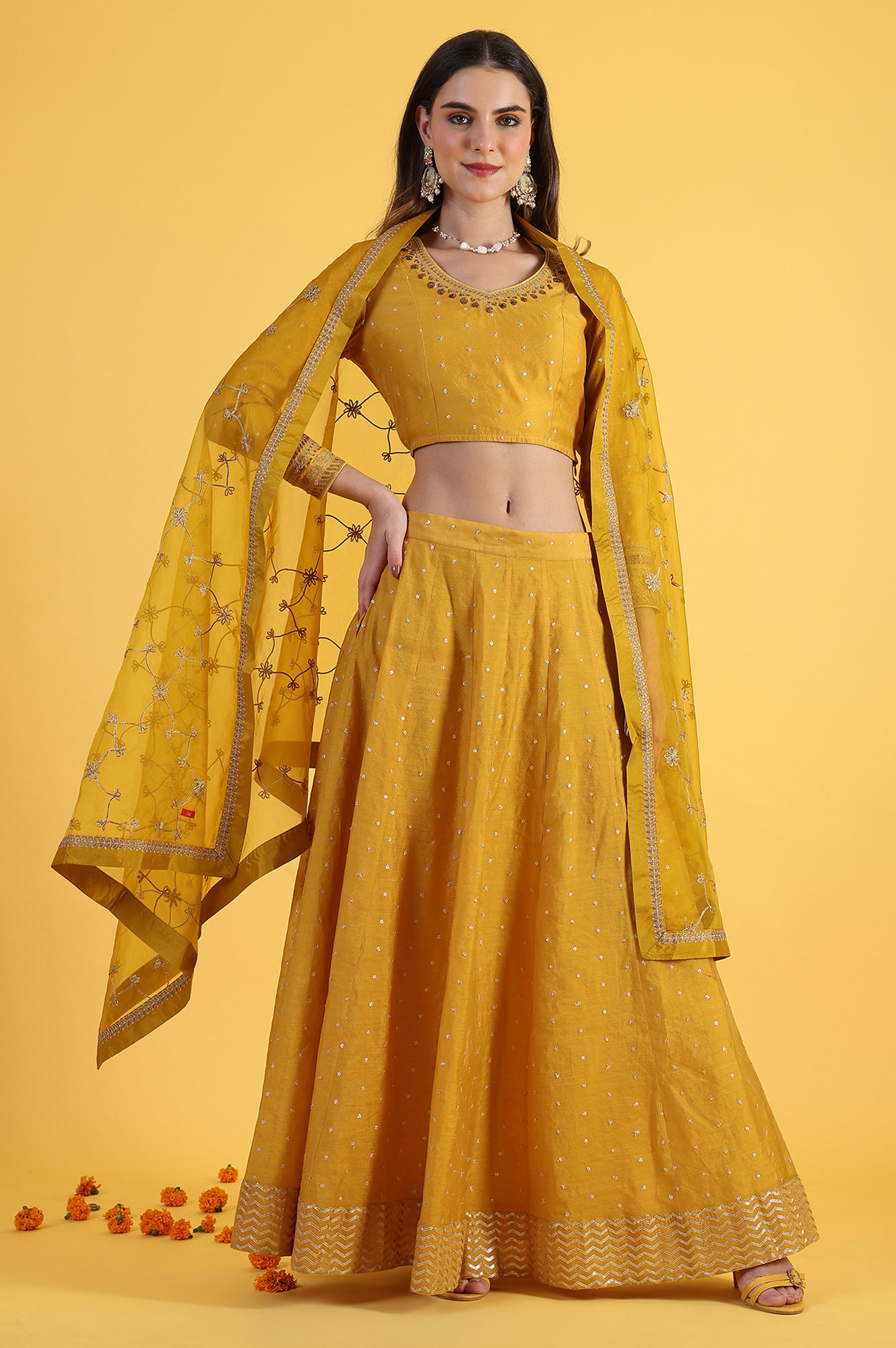 Yellow Metallic Embroidery Crop Top & Skirt with Dupatta Set