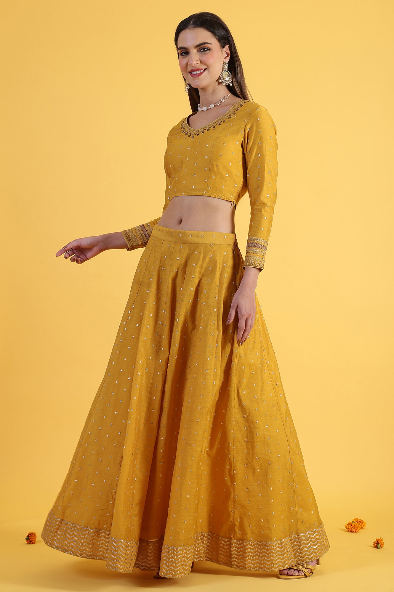 Yellow Metallic Embroidery Crop Top & Skirt with Dupatta Set